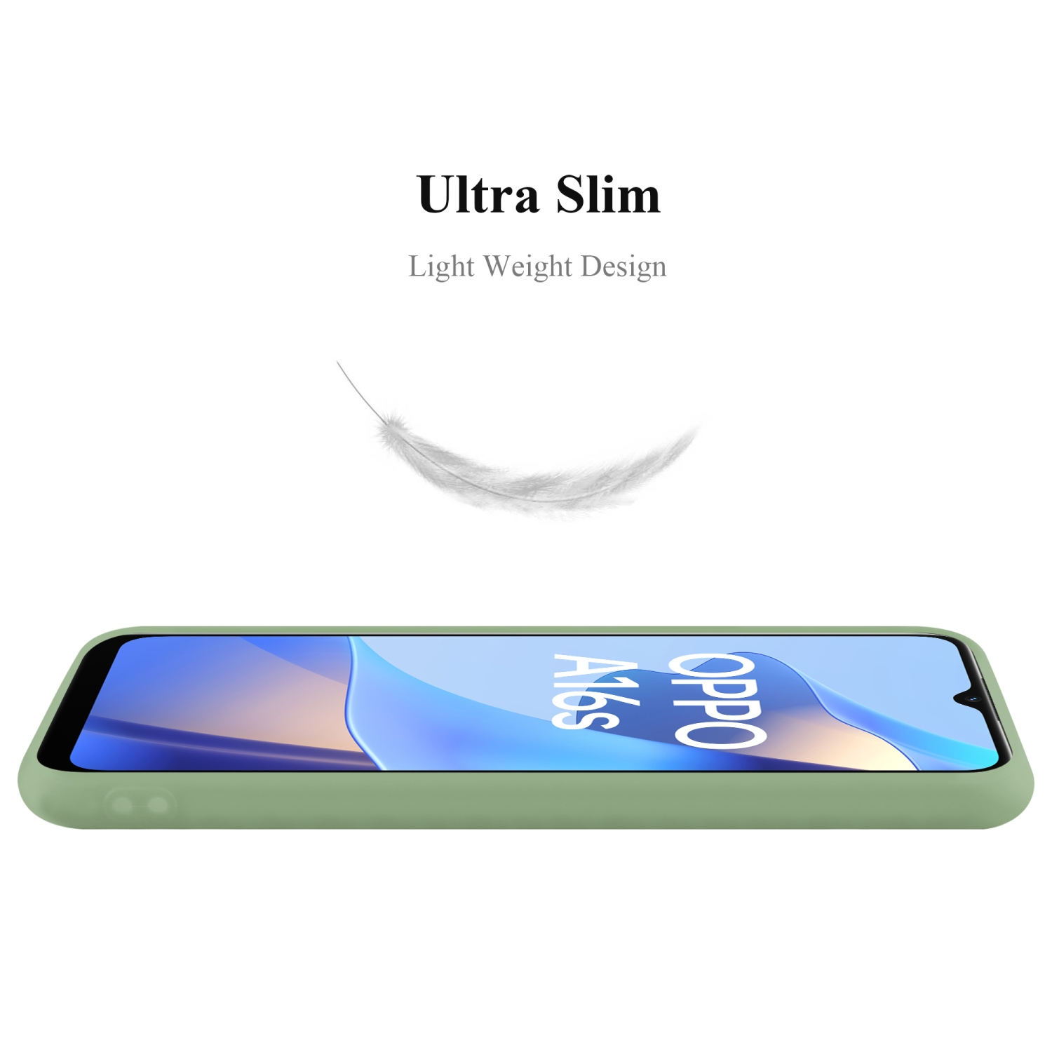 Custodia verde per telefono su sfondo bianco. Telefono dentro. Verde chiaro. La custodia è sottile.