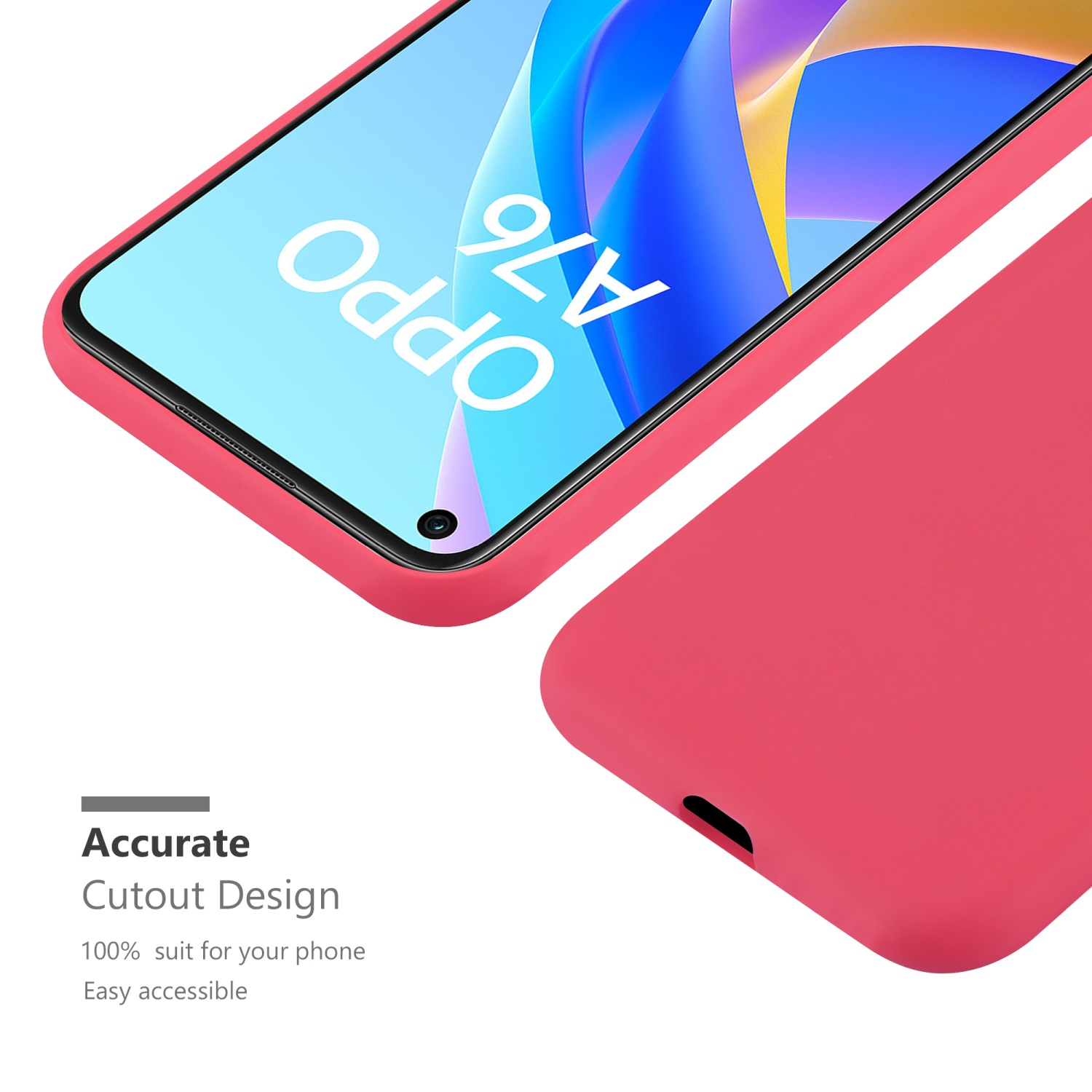 Eine Handyhülle, die ein Telefon zeigt. Das Telefon ist rot und hat die Marke OPPO.