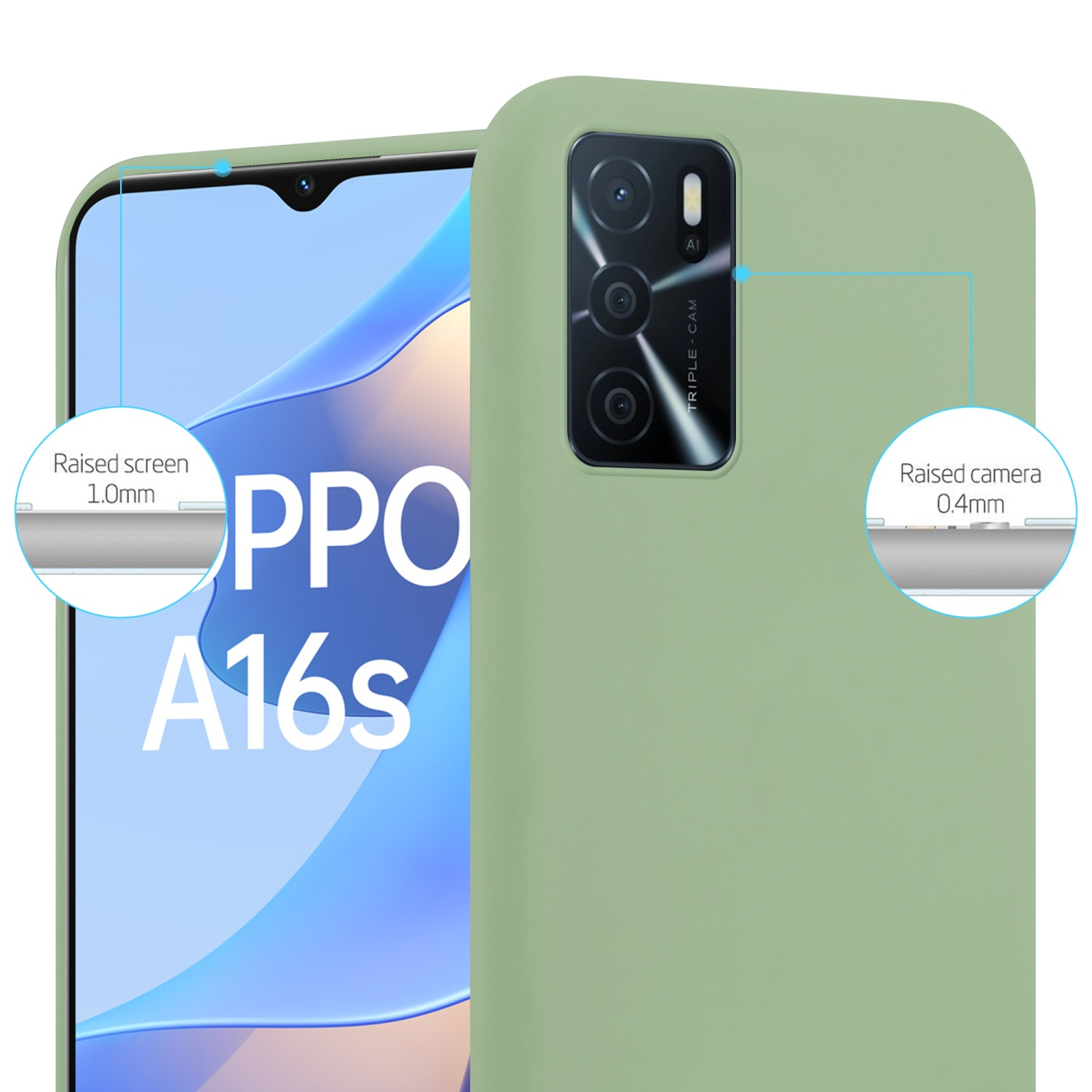 Custodia verde chiaro con telefono. Il telefono ha schermo e fotocamera rialzati.