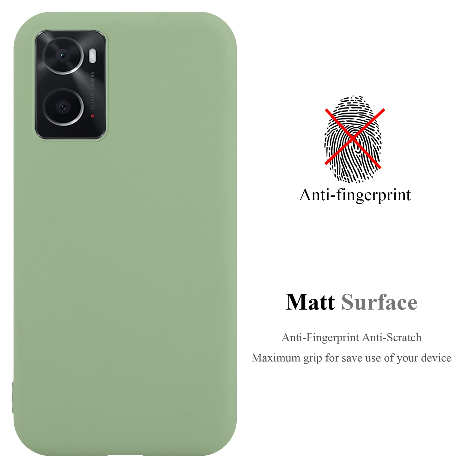 Grüne Handyhülle mit Anti-Fingerabdruck und matter Oberfläche. Text: Matt-Oberfläche.
