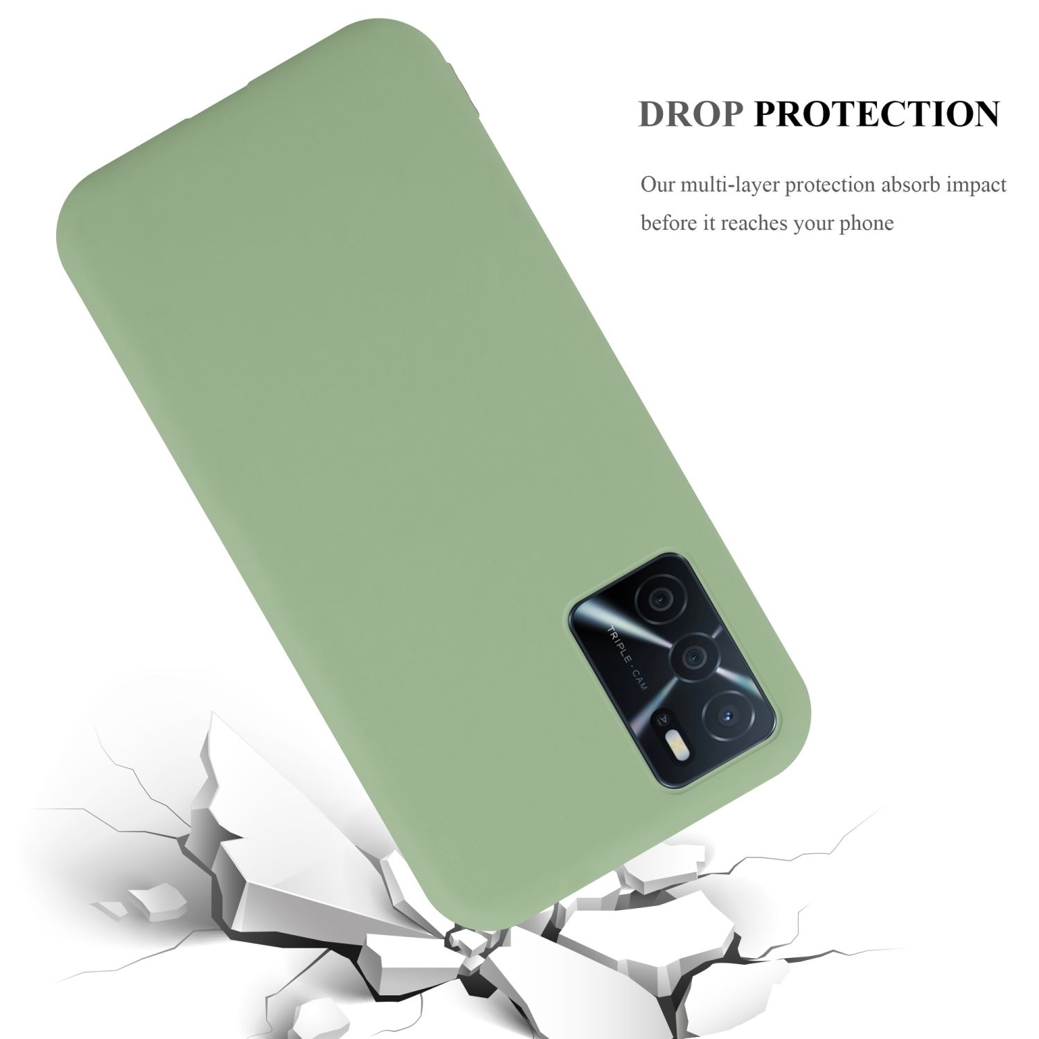 Una custodia per telefono verde che cade, con una fotocamera. La custodia sta rompendo una superficie bianca sottostante.