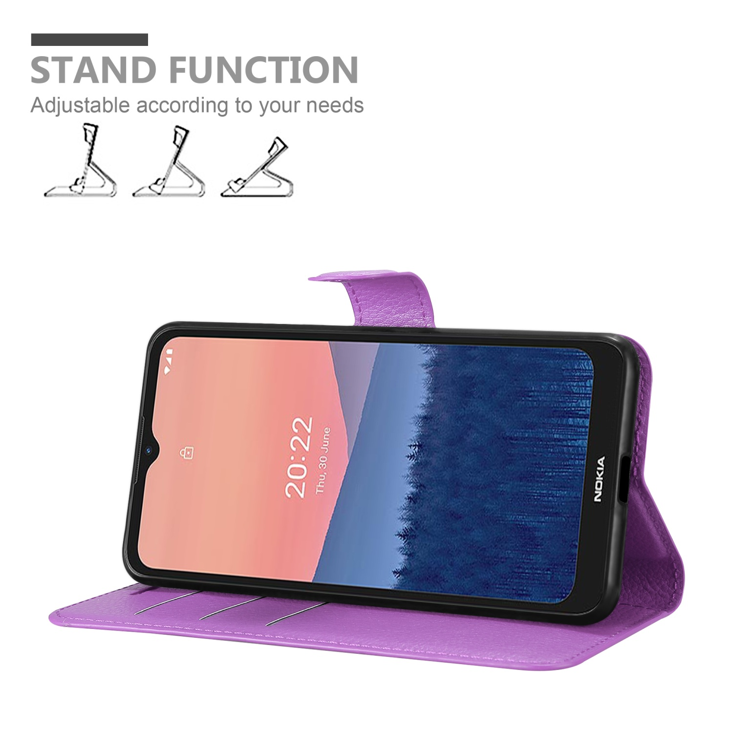 Custodia viola con telefono dentro, display mostra l'ora. Icone funzione stand sopra.