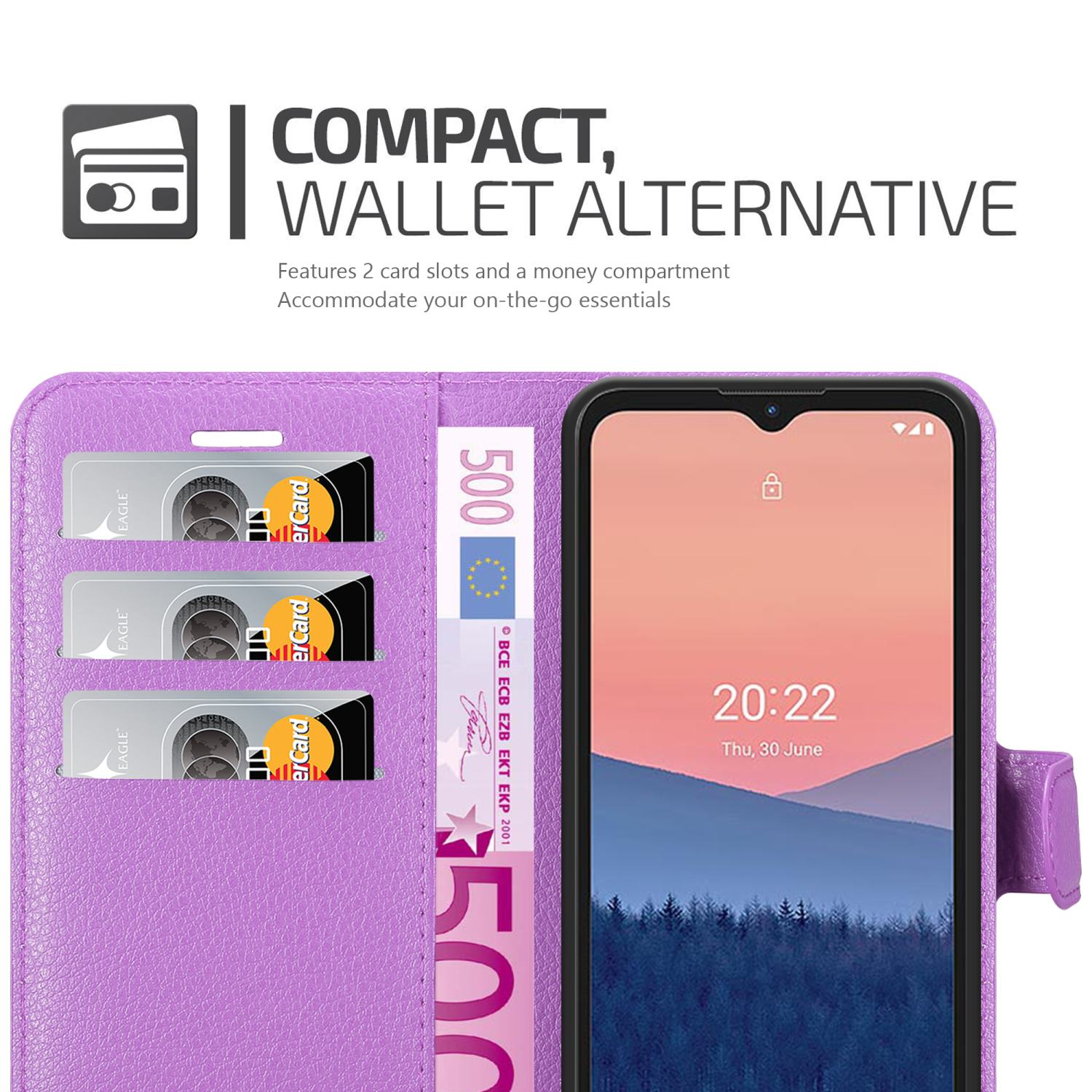 Custodia viola aperta, con telefono e fessure per carte. Banconota da 500 euro visibile.