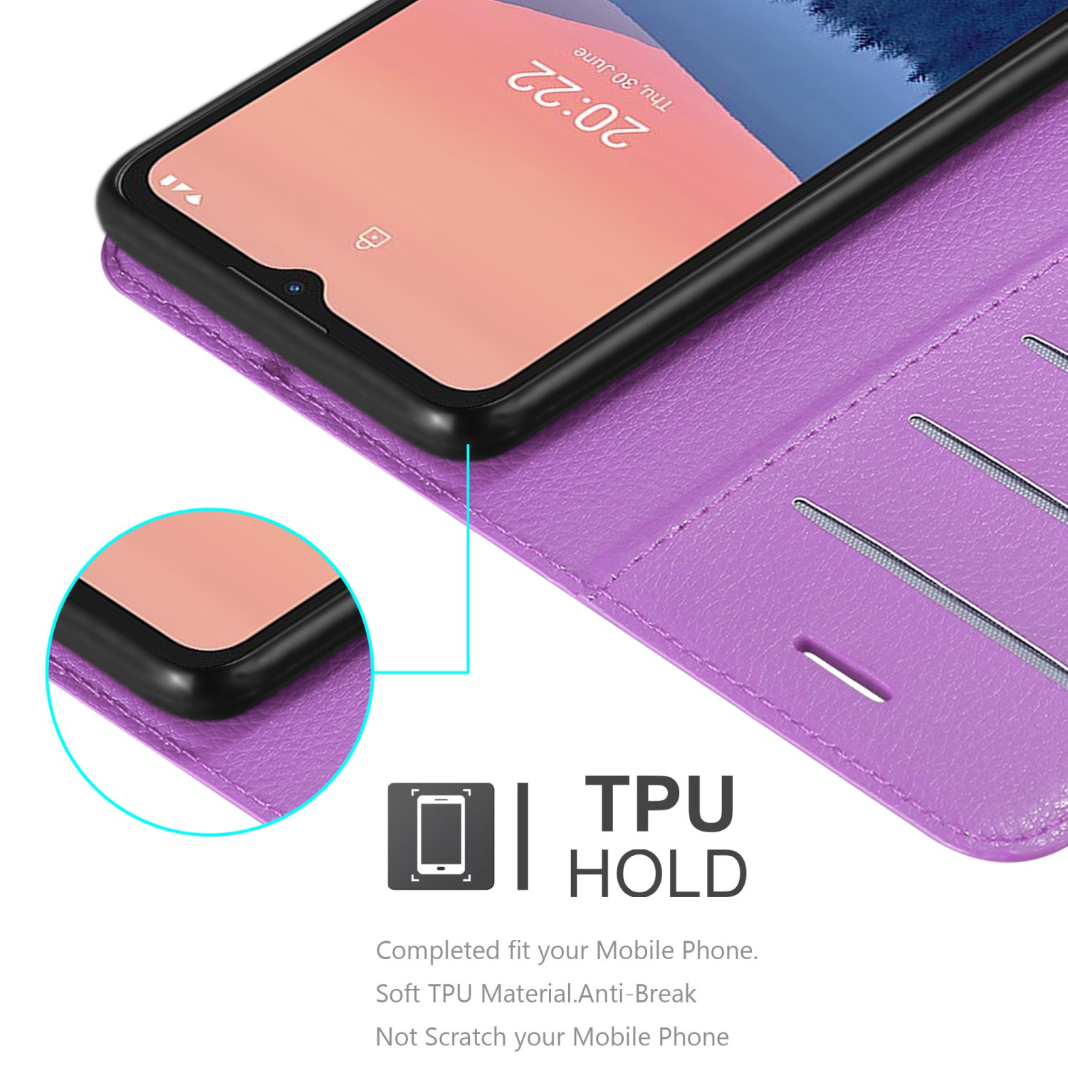 Custodia viola con telefono, testo: TPU HOLD.