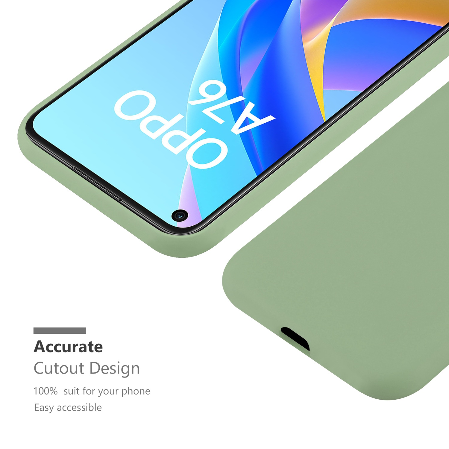 Eine grüne Handyhülle auf weißem Hintergrund, die einen Telefonbildschirm zeigt. Der Text 'OPPO A76' ist sichtbar.