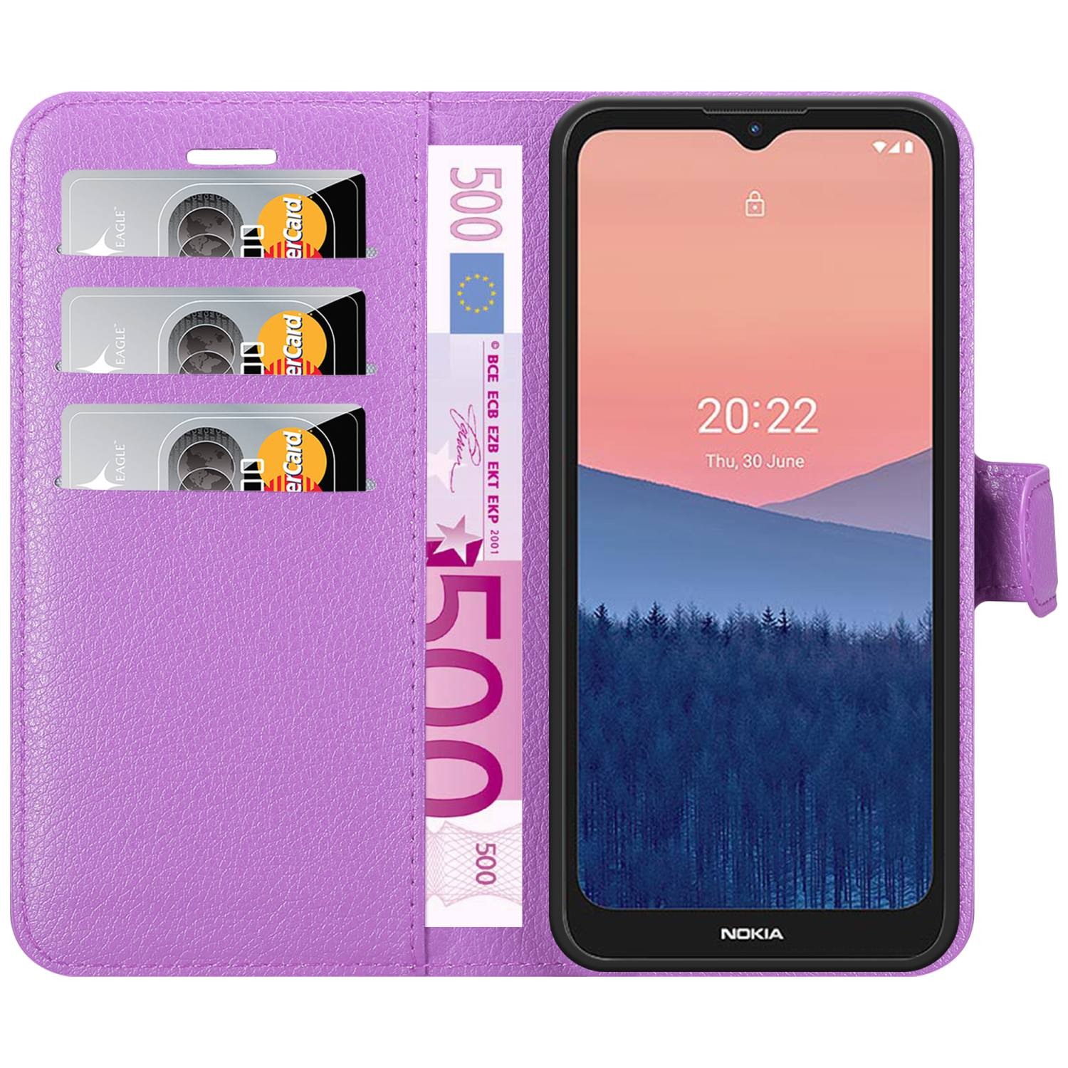 Custodia per telefono viola con carte e contanti. Telefono Nokia all'interno. Il telefono mostra l'ora.