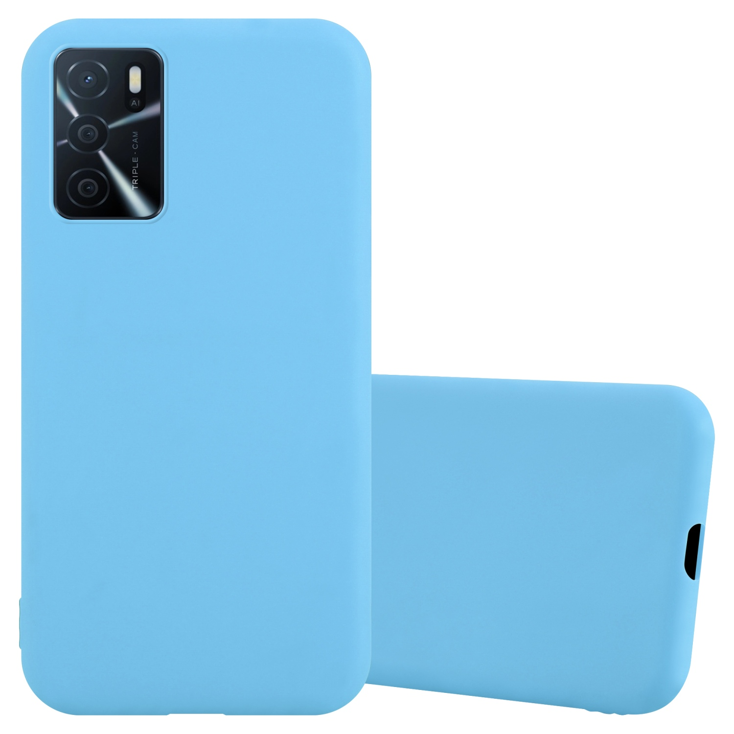 Una custodia per telefono azzurra, con un'altra custodia sopra, su sfondo bianco.