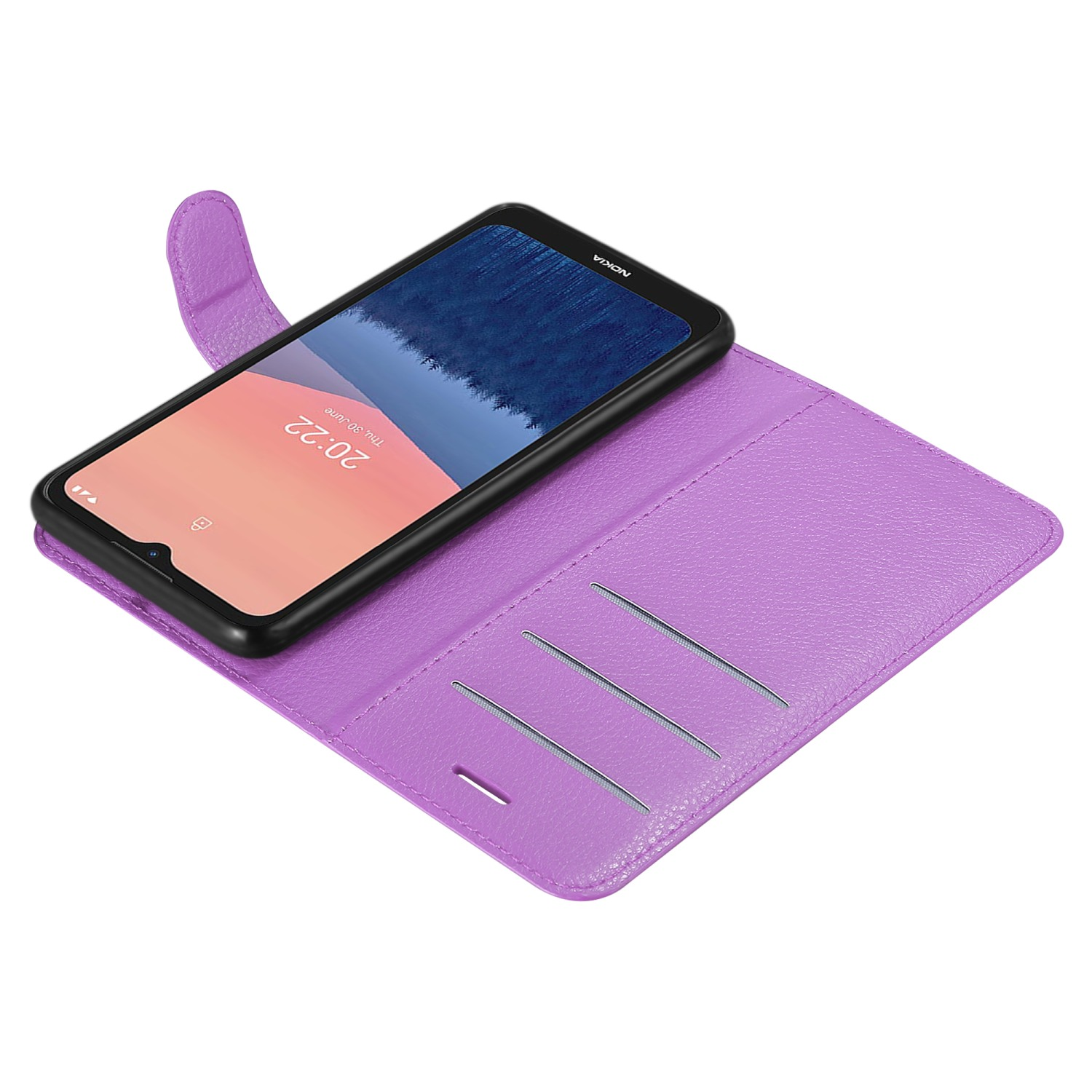 Custodia per telefono viola aperta con un telefono all'interno, che mostra un paesaggio.