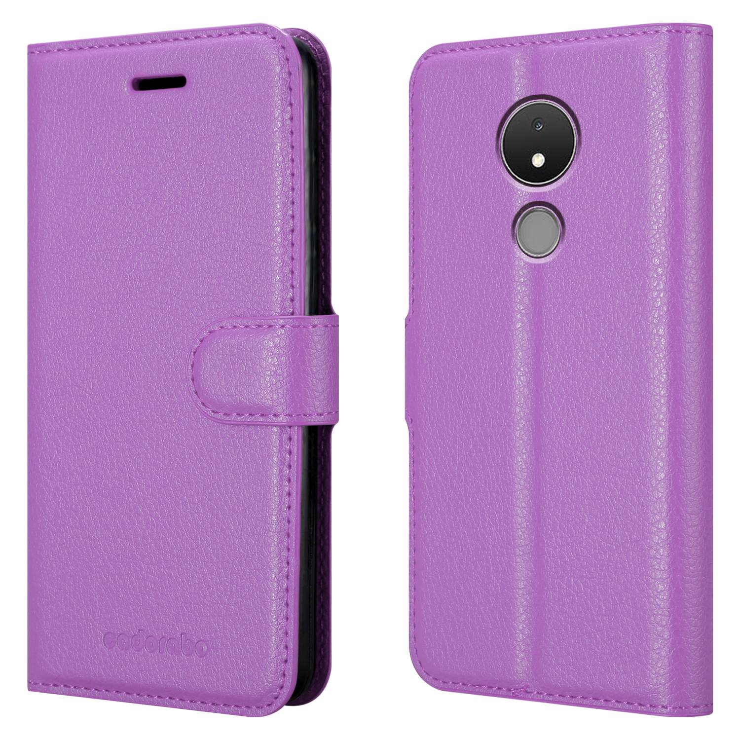 Una custodia per telefono viola, aperta e chiusa. Il retro mostra la fotocamera. Testo: cadembo.