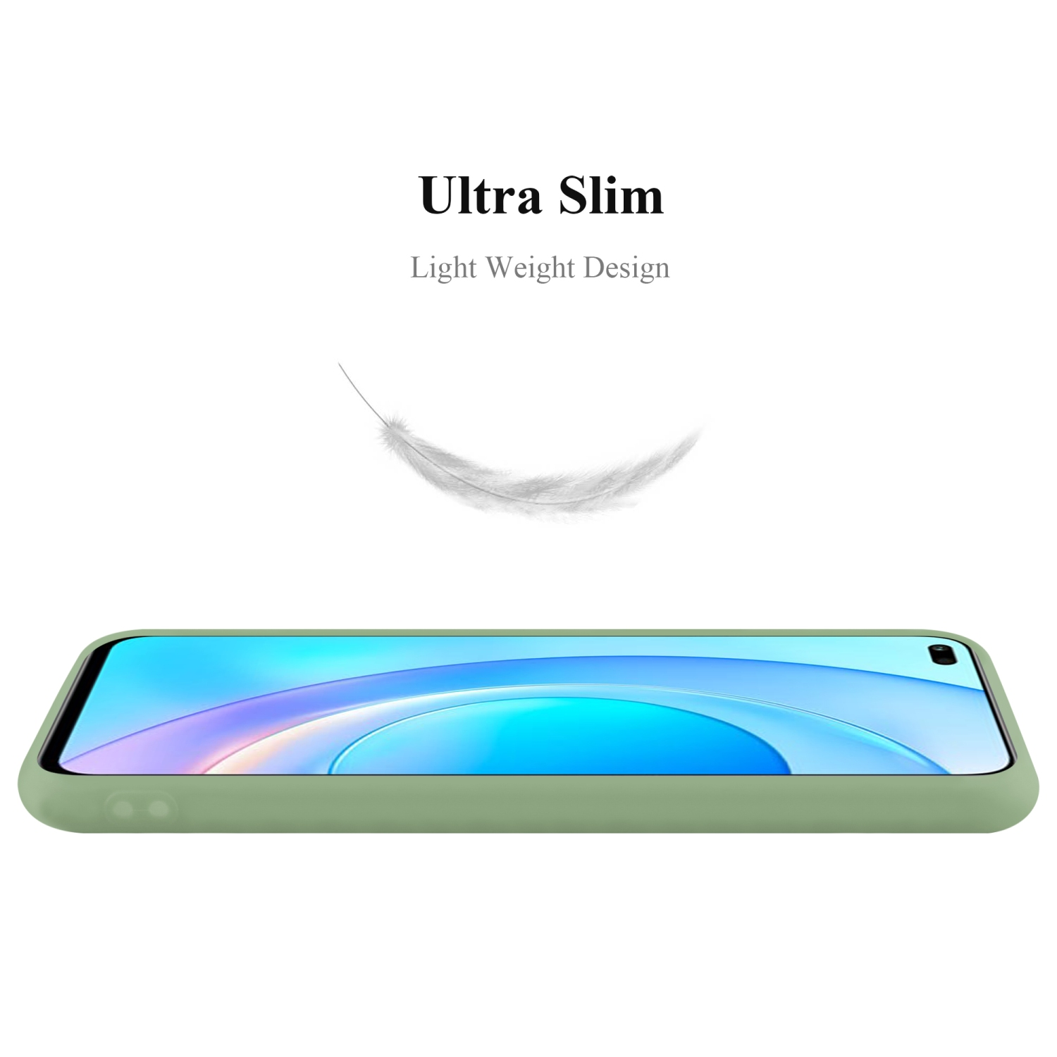 Custodia per telefono verde, con una piuma che fluttua sopra. Il testo dice Ultra Slim, Design leggero.
