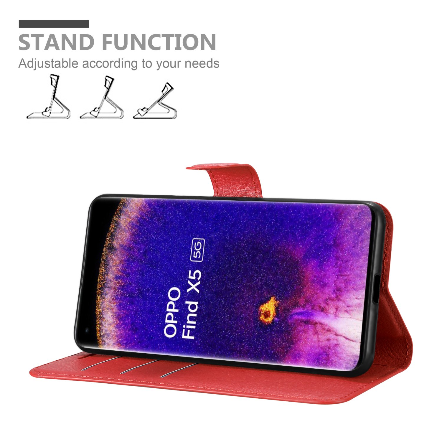 Custodia rossa per telefono con telefono in posizione verticale. Testo: Funzione stand. Oppo Find X5 5G.