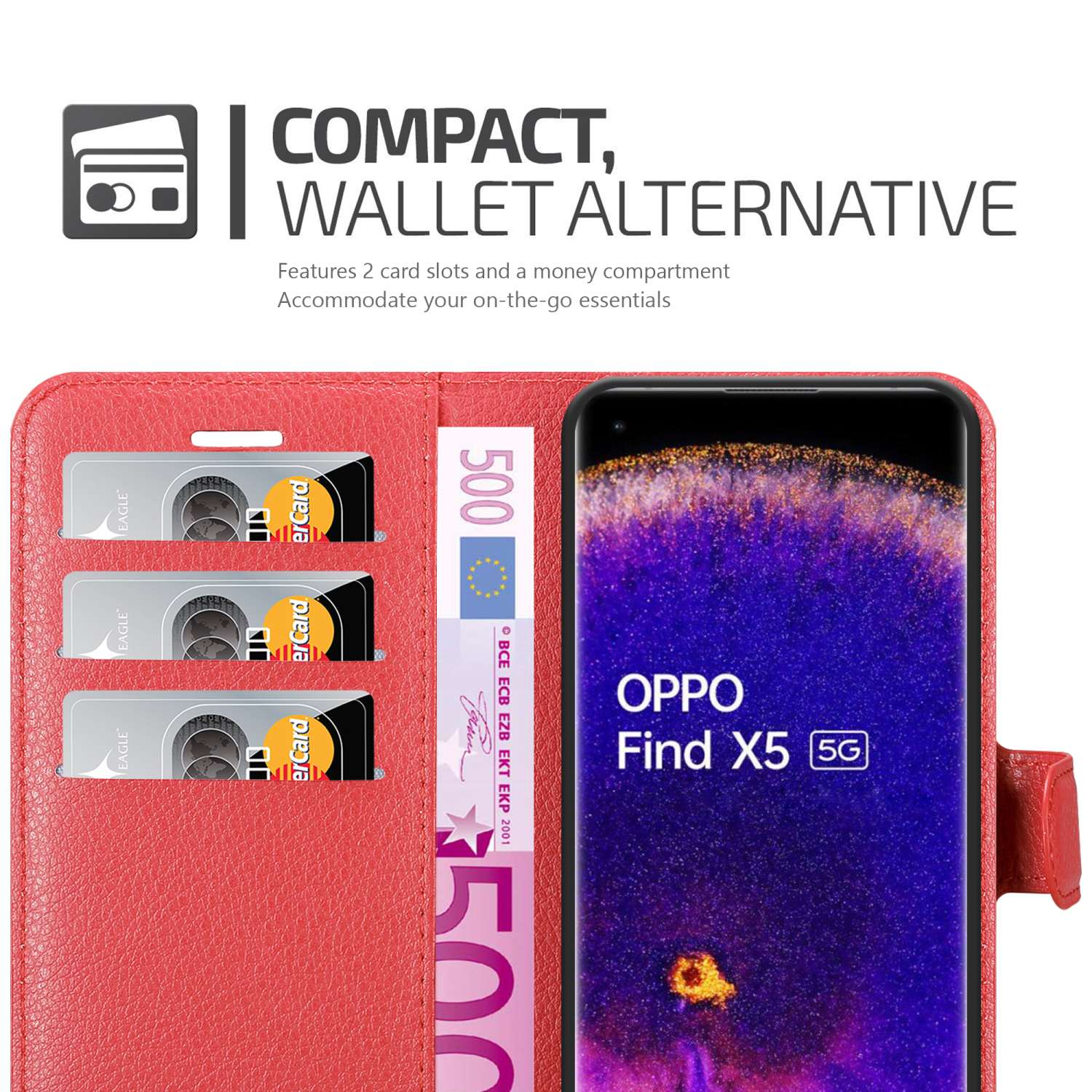 Custodia a portafoglio rossa, con carte di credito e denaro all'interno. Schermo del telefono visibile.