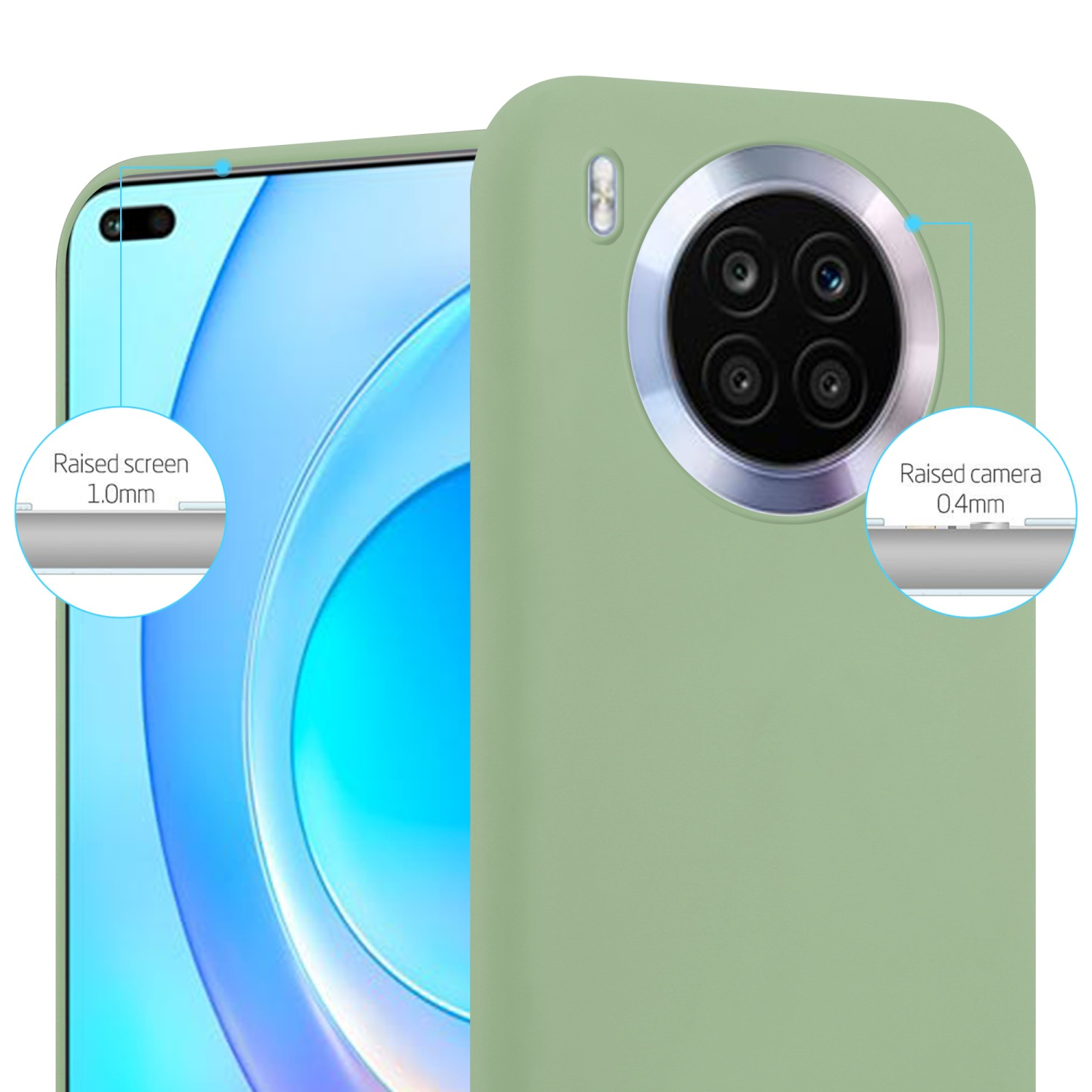 Telefono verde con custodia verde chiaro. Primo piano mostra i bordi della fotocamera e dello schermo. Dettagli schermo e fotocamera rialzati.