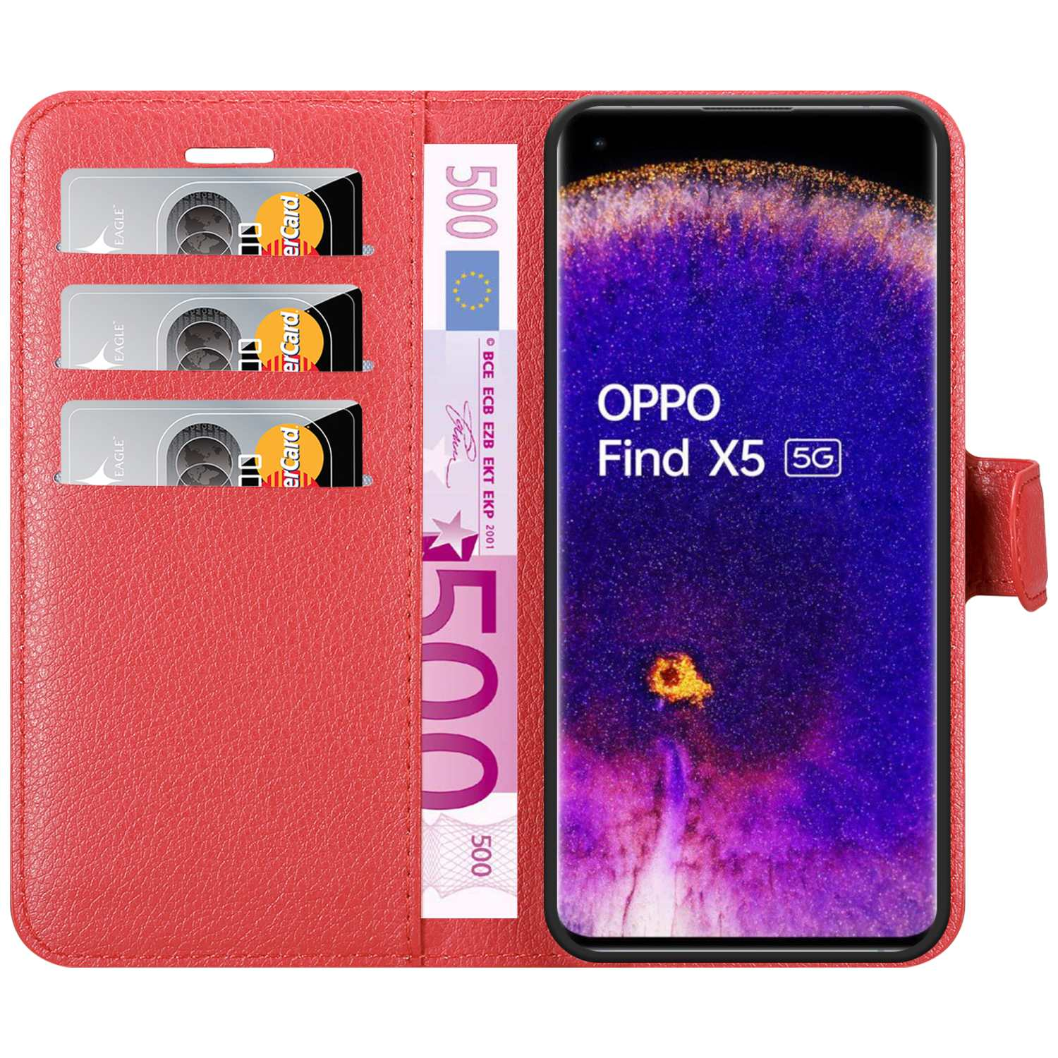 Una custodia per telefono a portafoglio rossa aperta, con carte e contanti visibili. Viene visualizzato anche un telefono Oppo Find X5 5G.