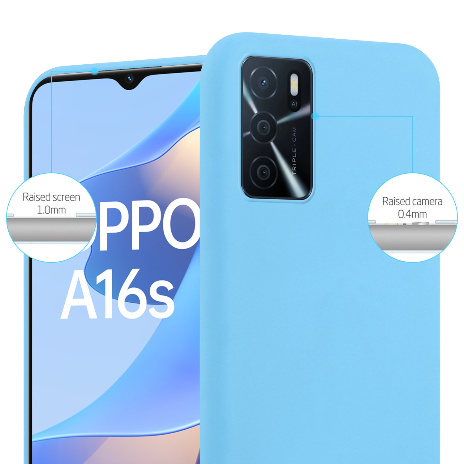 Custodia blu per telefono con telefono e fotocamera. Testo: Schermo e fotocamera rialzati. OPPO A16s.