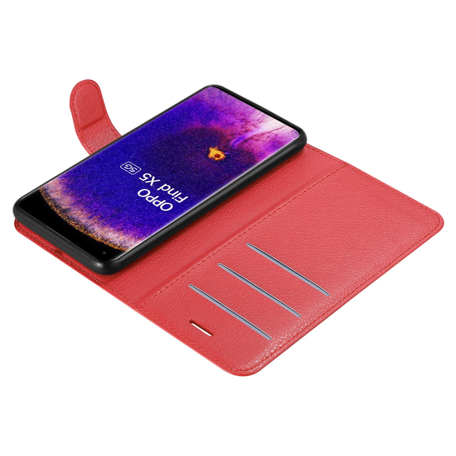 Una custodia rossa per telefono si apre, mostrando un telefono con uno schermo colorato.