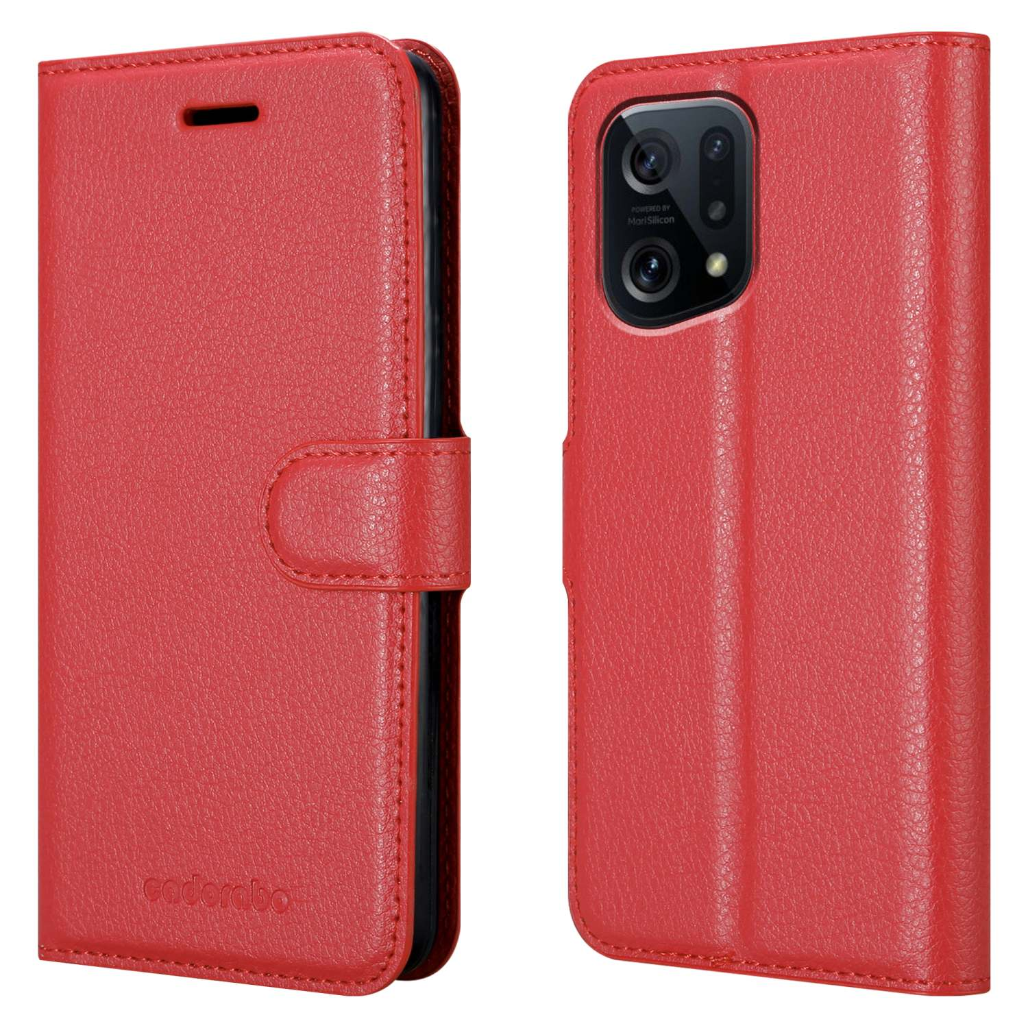 Custodia per telefono in pelle rossa. La custodia è chiusa e il telefono non è visibile.