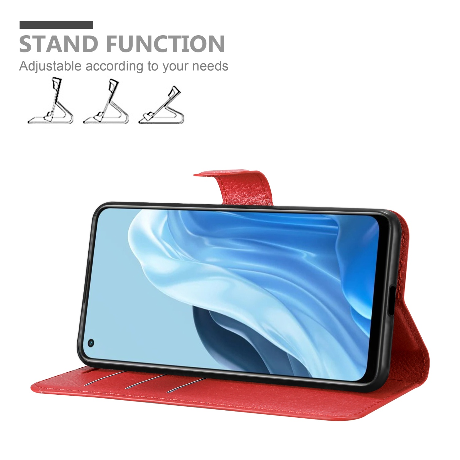 Rote Handy-Geldbörsenhülle, mit Telefon darin und Standfunktion-Grafik.