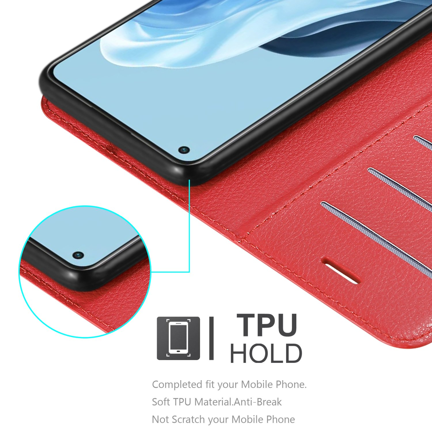 Rote Leder-Handyhülle mit TPU-Halterung. Zeigt das Telefon darin und Text: TPU-Halterung.