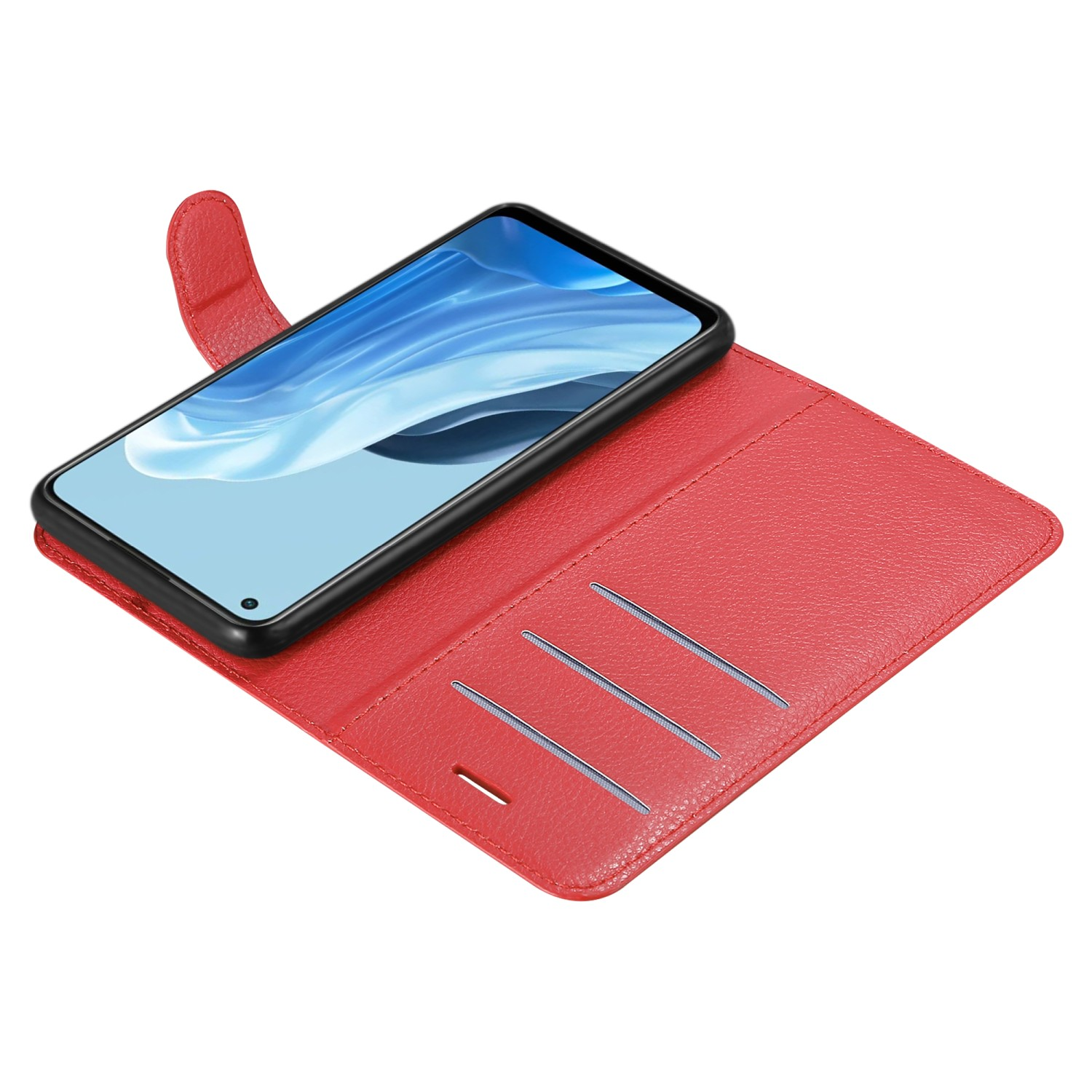 Rote Handyhülle mit Telefon darin. Gehäuse offen, mit Kartenfächern. Weißer Hintergrund.