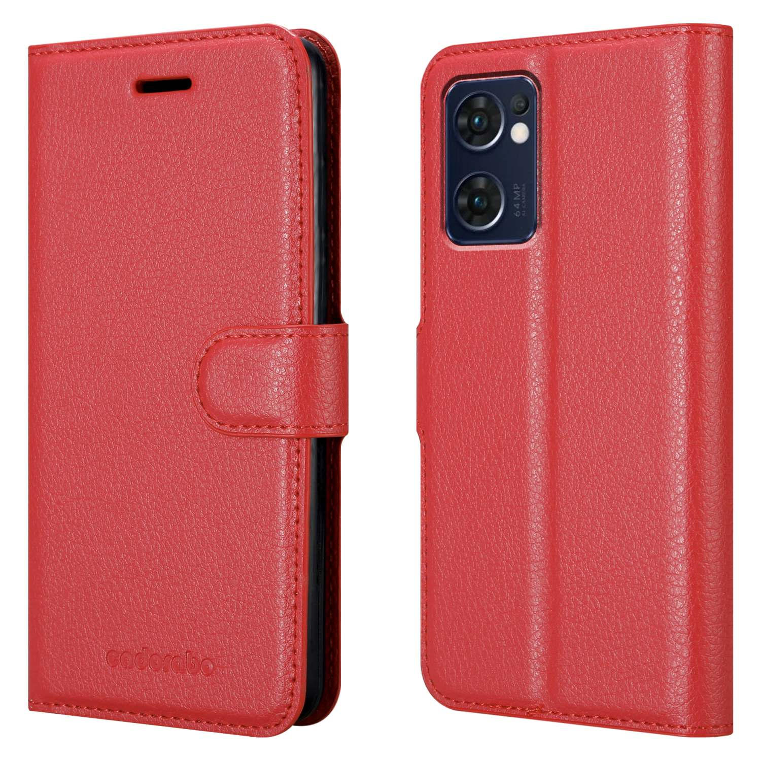 Rote Handyhülle, geschlossen. Die offene Hülle zeigt ein Telefon mit Kamera. Die Hülle ist aus Leder.