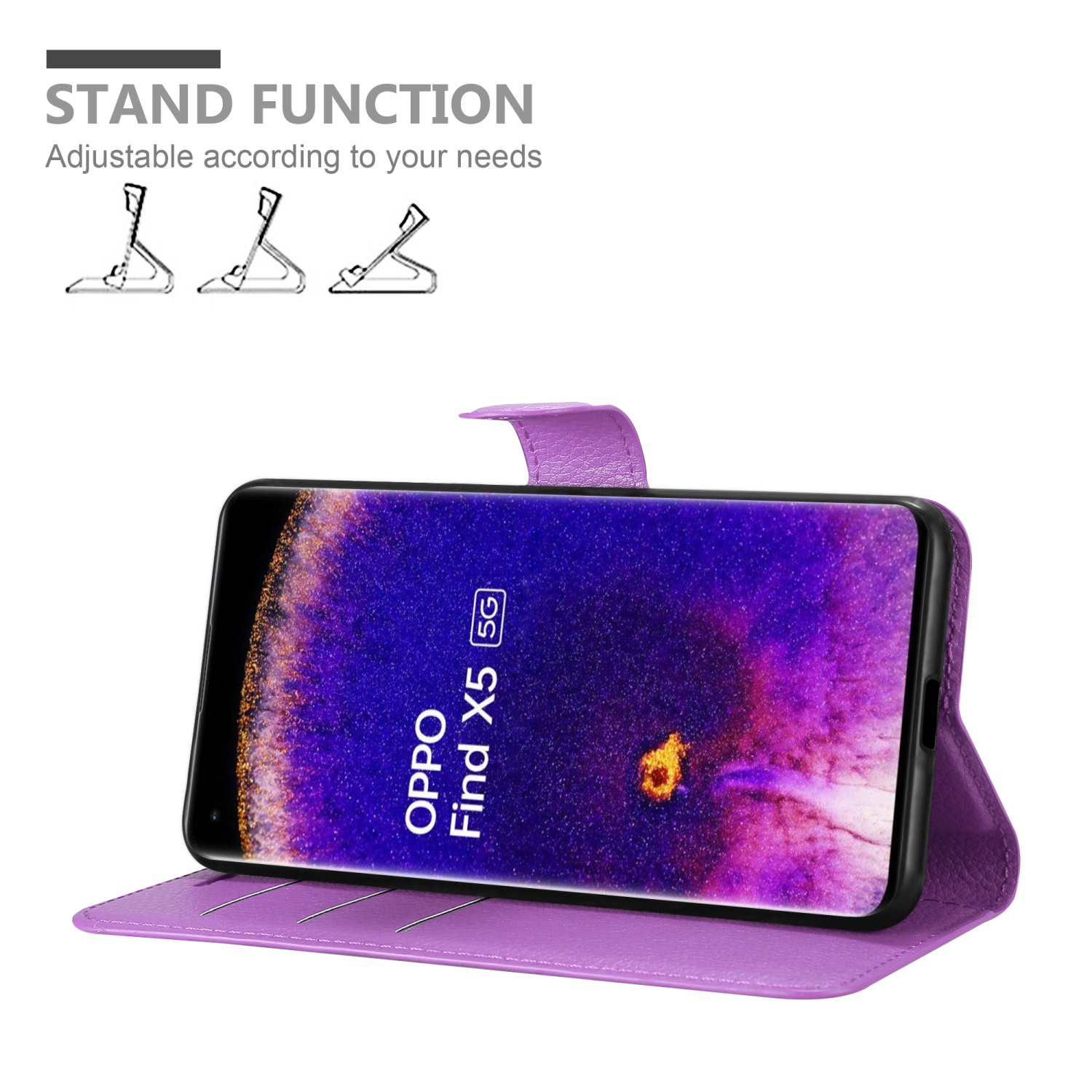 Custodia viola con funzione stand. Il telefono mostra un'immagine astratta viola e oro.