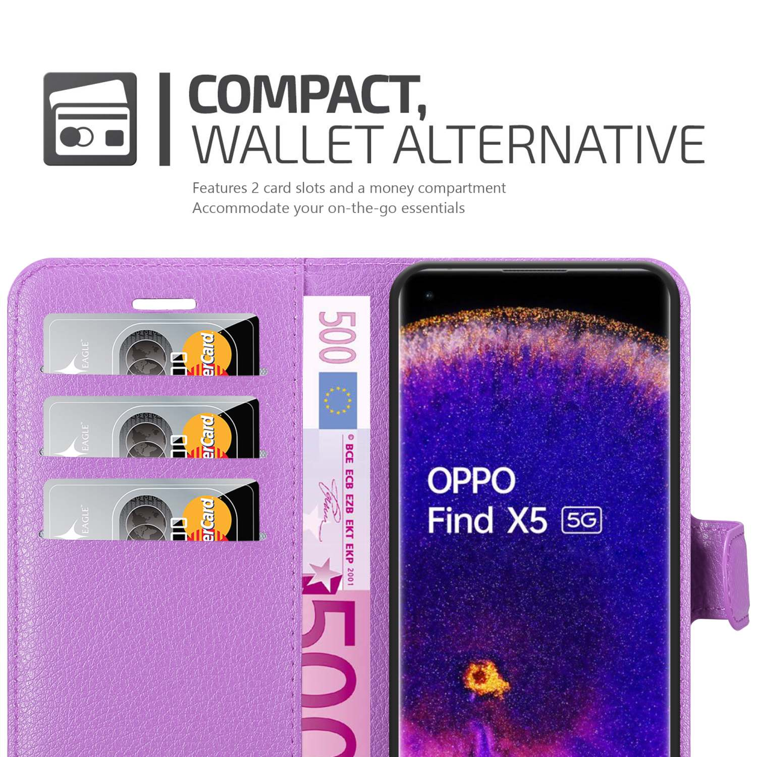 Custodia viola per telefono con fessure per carte e scomparto per soldi. Oppo visibile.