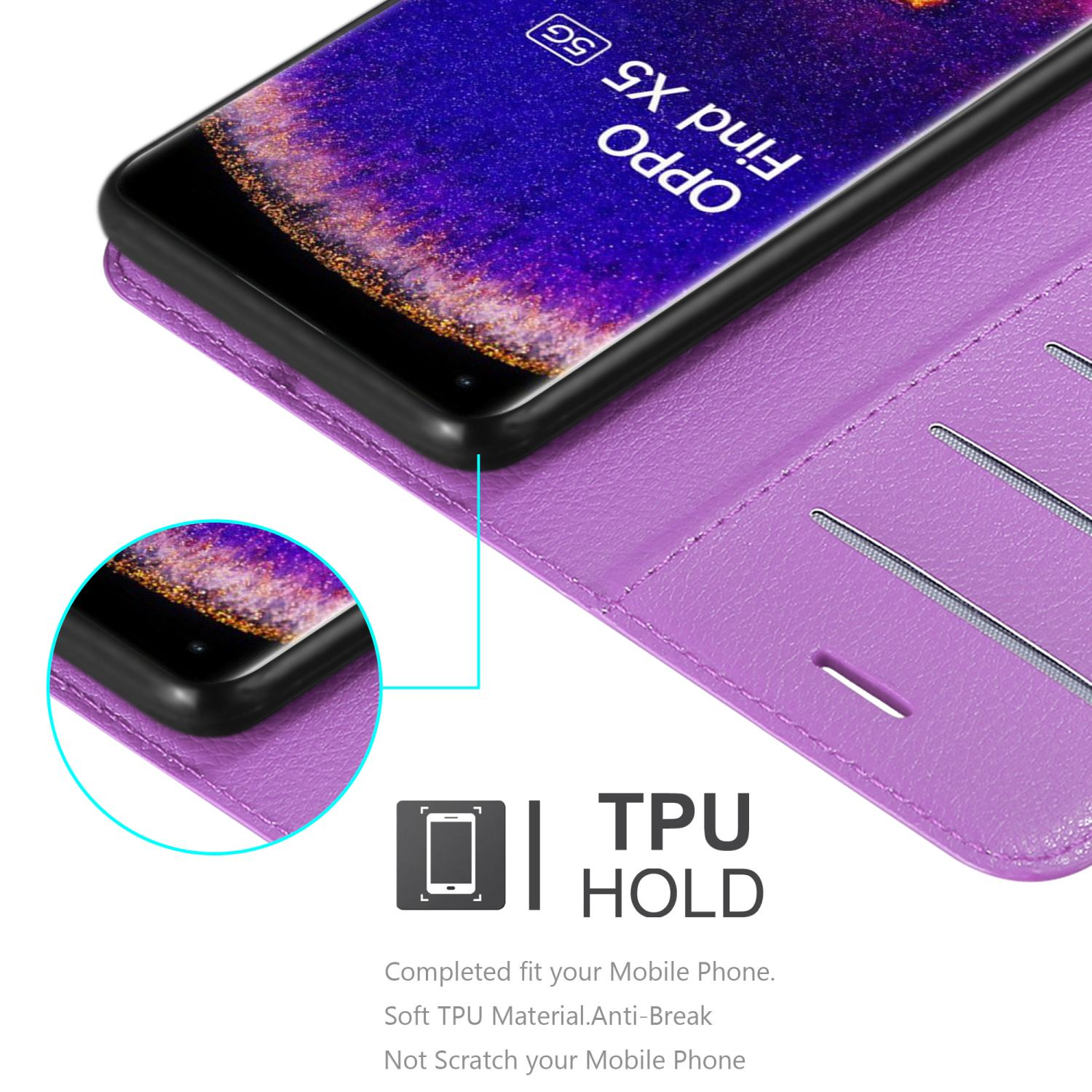 Una custodia per telefono viola con un telefono Oppo all'interno. L'immagine enfatizza la funzione di supporto TPU.