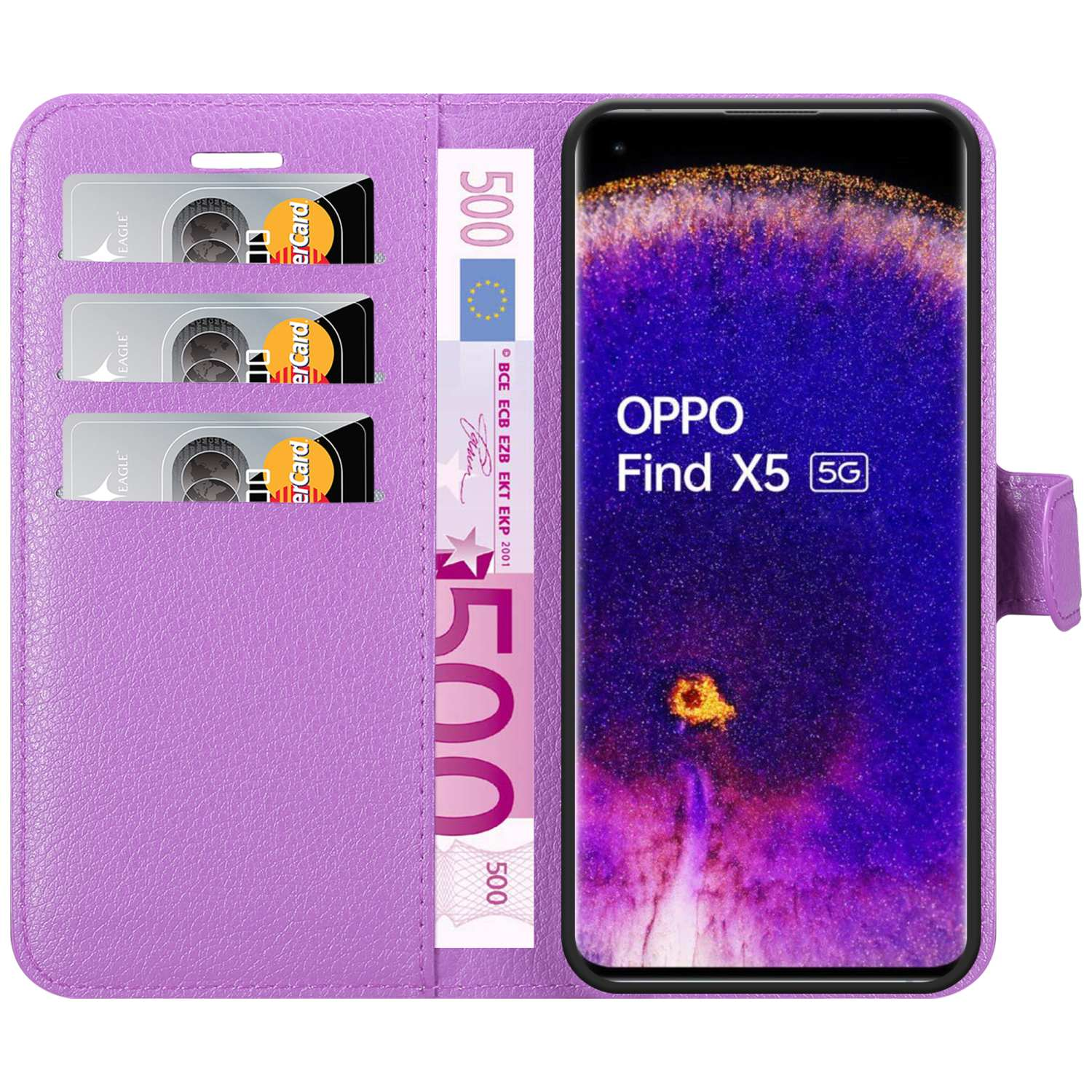 Custodia per telefono viola con carte di credito, banconote in euro e un telefono. Il telefono ha il logo Oppo.
