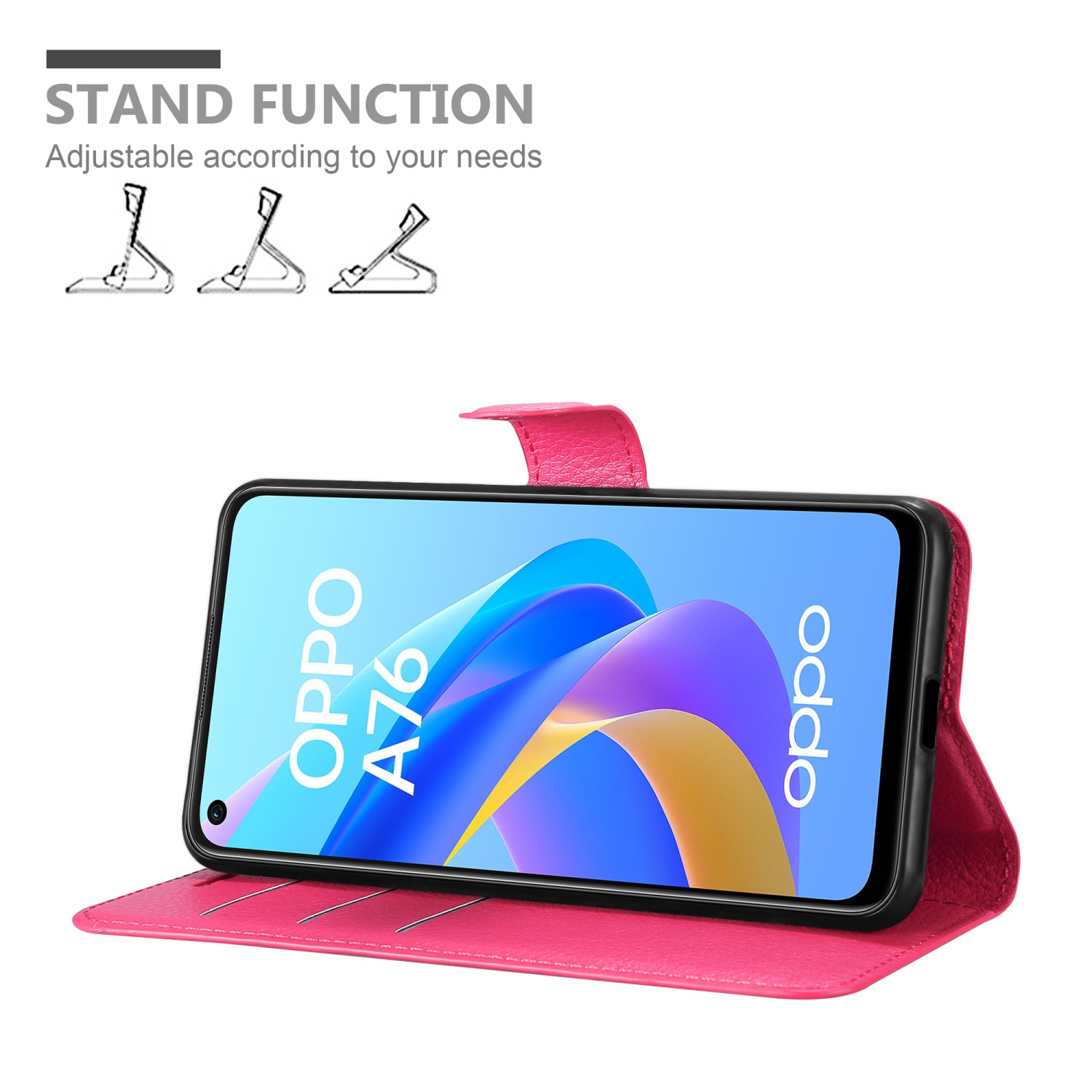 Custodia rosa con telefono che mostra uno schermo, con illustrazioni della funzione stand.