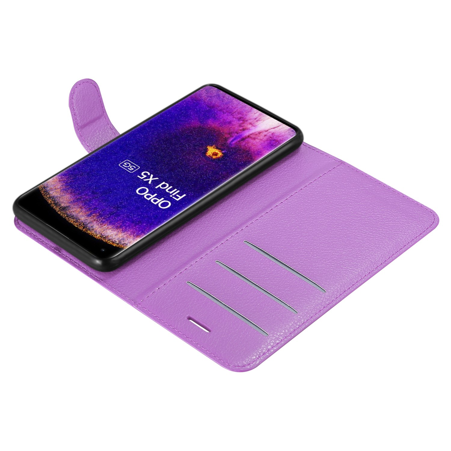Una custodia per telefono viola è aperta, mostrando un telefono con uno schermo che mostra un'immagine viola.