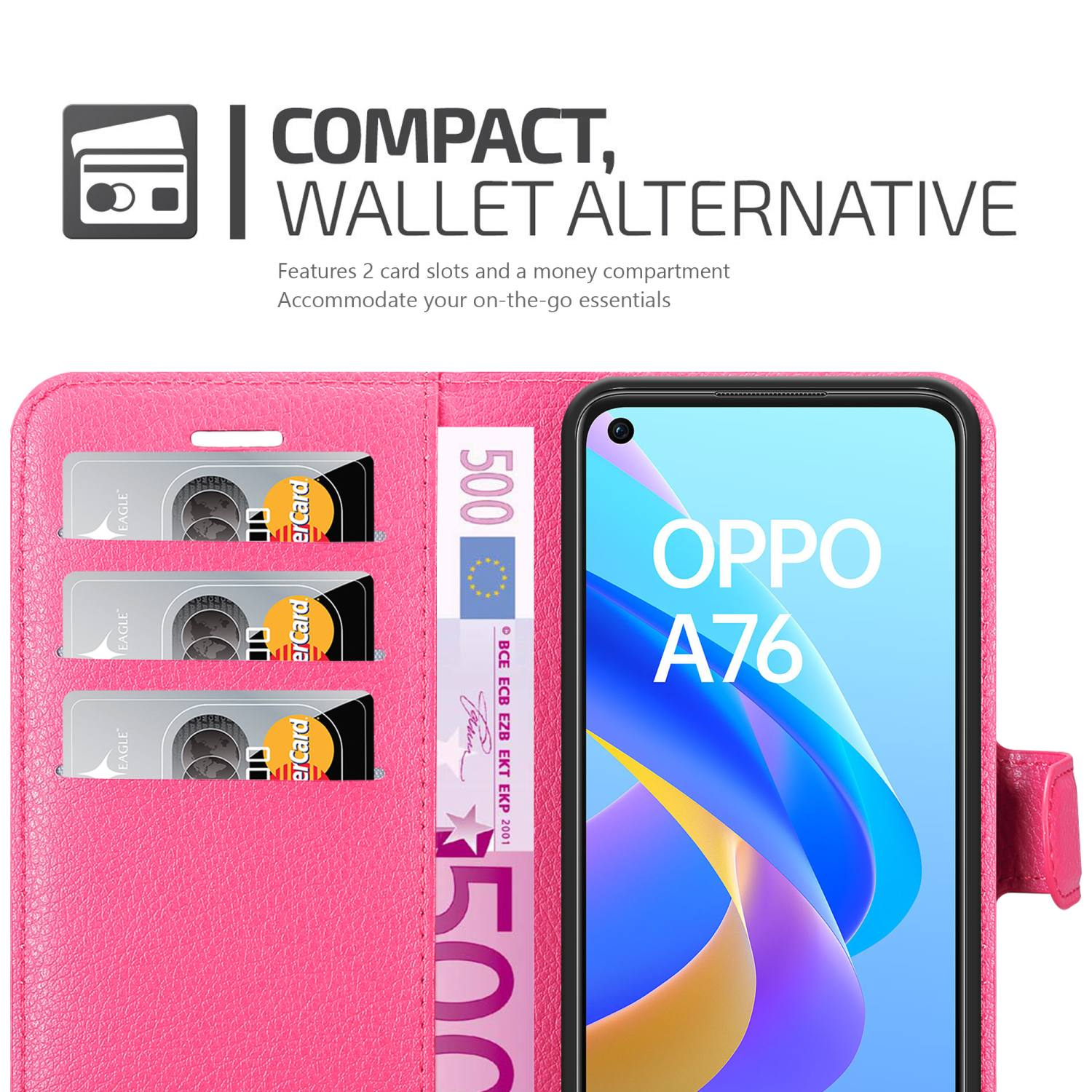 Una custodia a portafoglio rosa con un telefono. Mostra carte, denaro e schermo del telefono con OPPO A76.