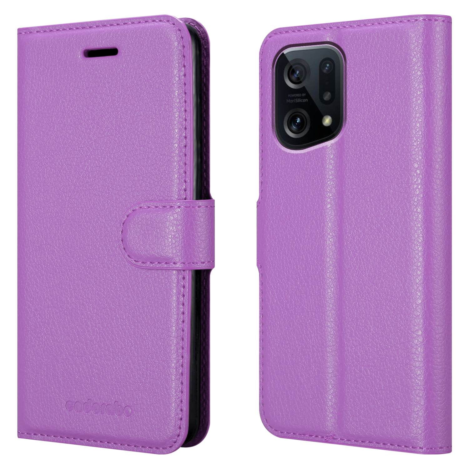 Custodia viola, aperta e chiusa, con chiusura magnetica. Il telefono è a destra.