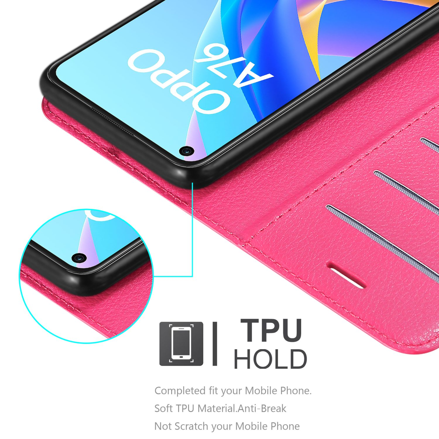 Una custodia per telefono rosa è aperta, rivelando un telefono. La custodia ha ritagli per le funzioni del telefono.