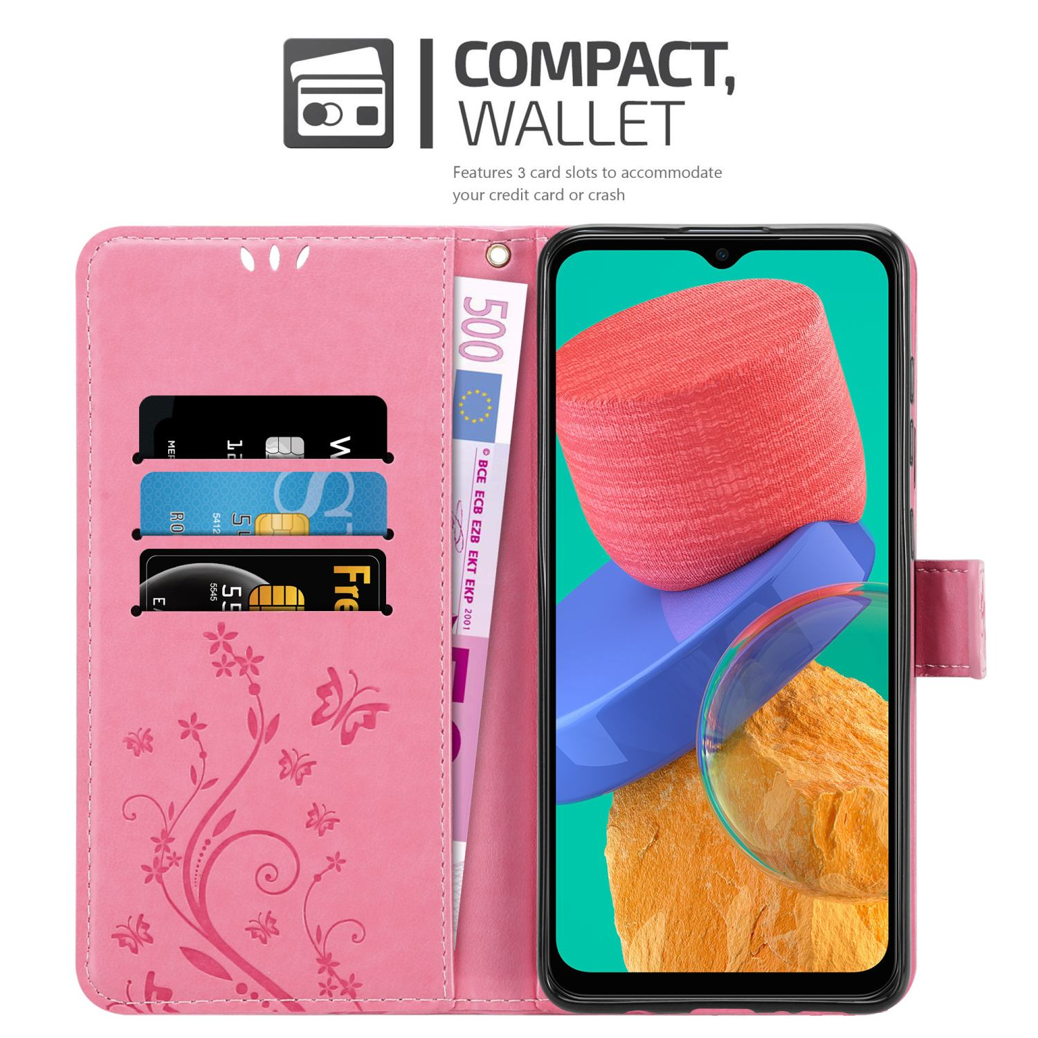 Custodia per telefono rosa aperta, che mostra fessure per carte e un telefono. Il telefono mostra un'immagine di fiori.