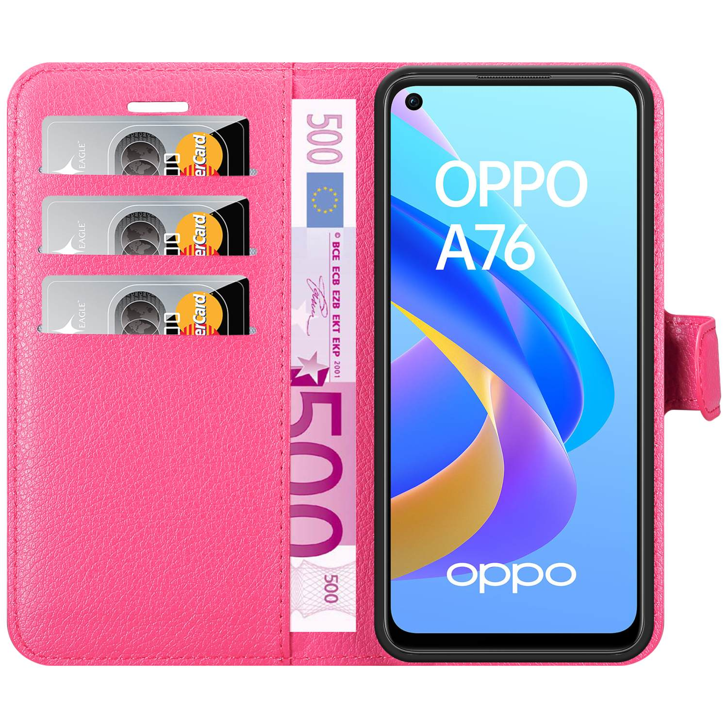 Una custodia per telefono rosa aperta, che mostra un telefono e denaro. Il telefono mostra il logo OPPO.