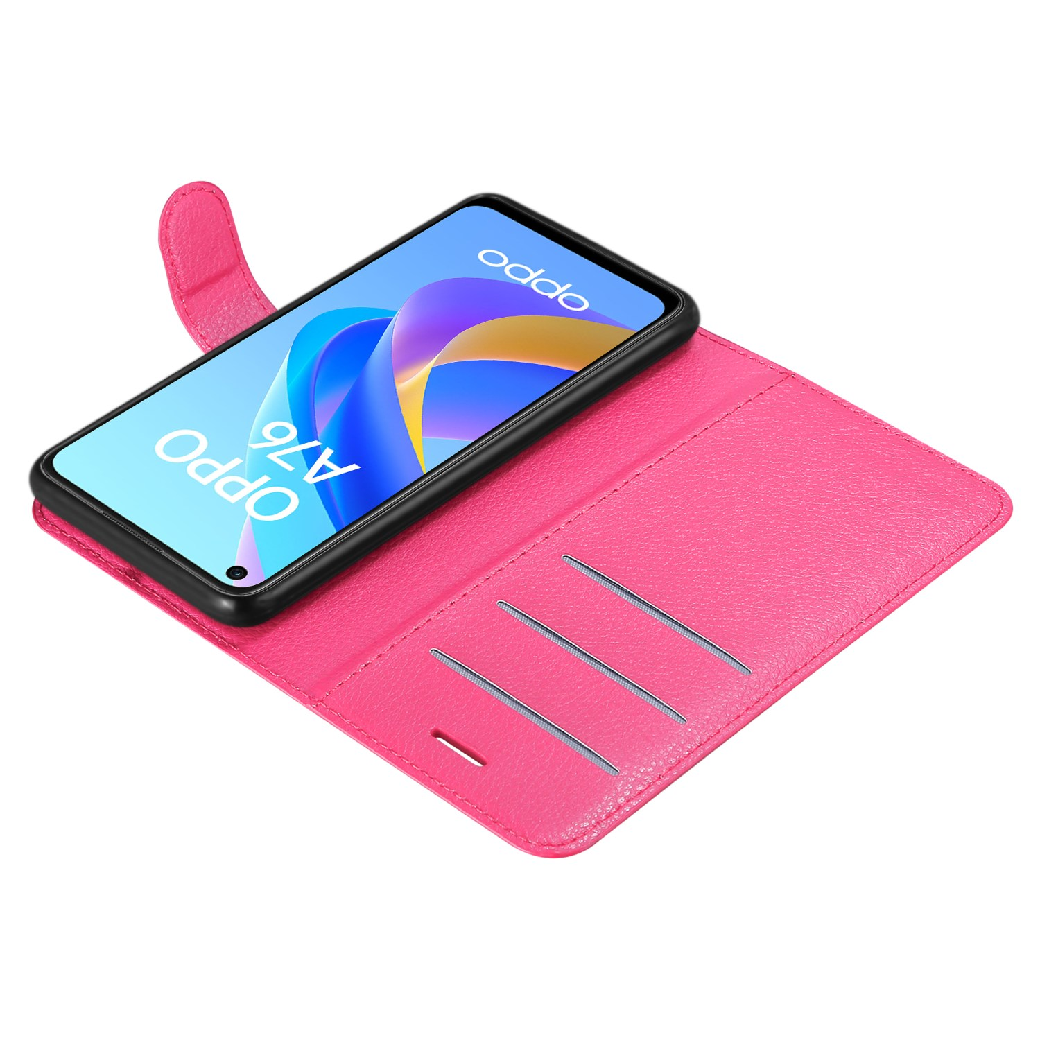 Custodia rosa aperta con telefono all'interno. Testo: oppo a76.