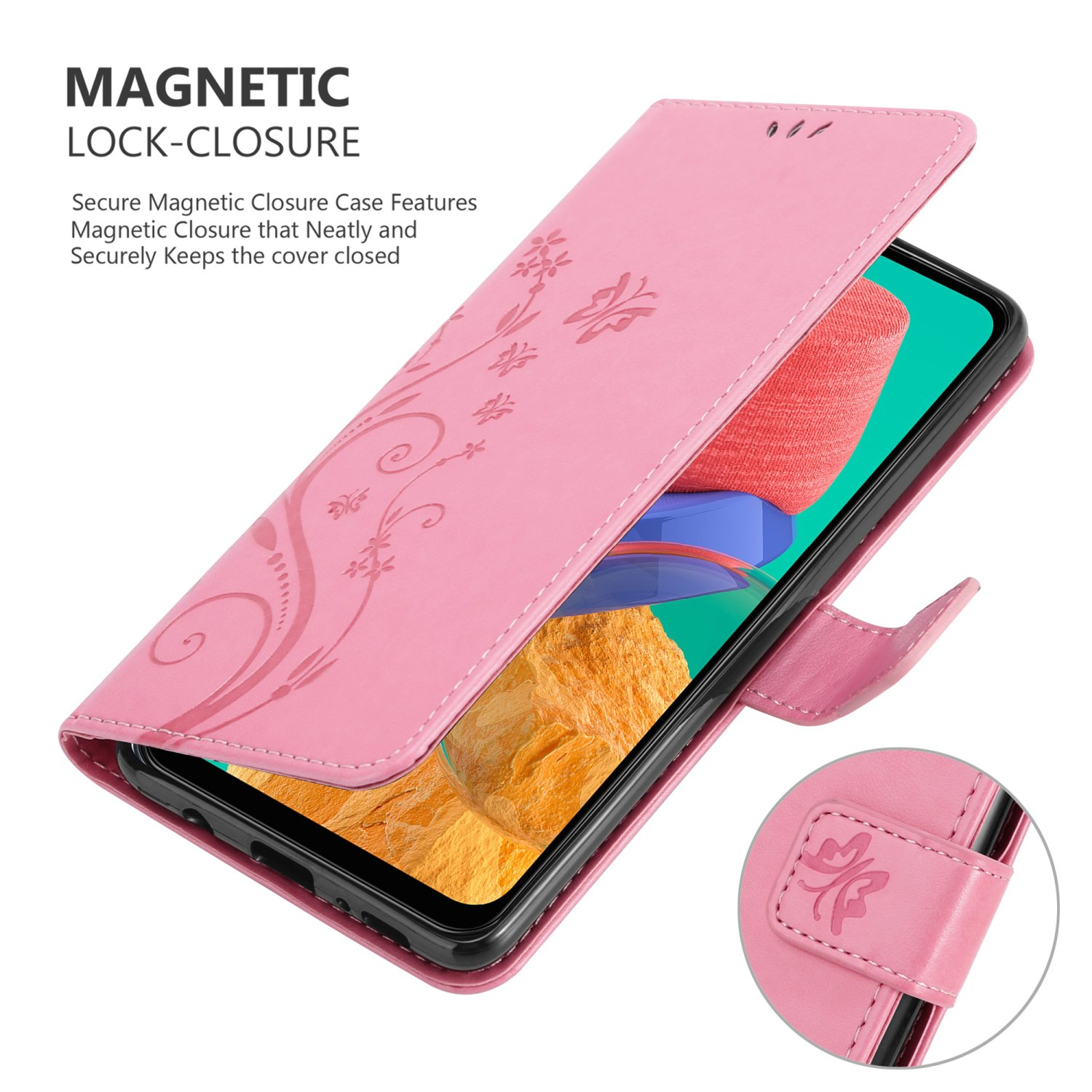 Una custodia per telefono rosa con un design floreale, aperta per rivelare un telefono. È visibile una chiusura magnetica.