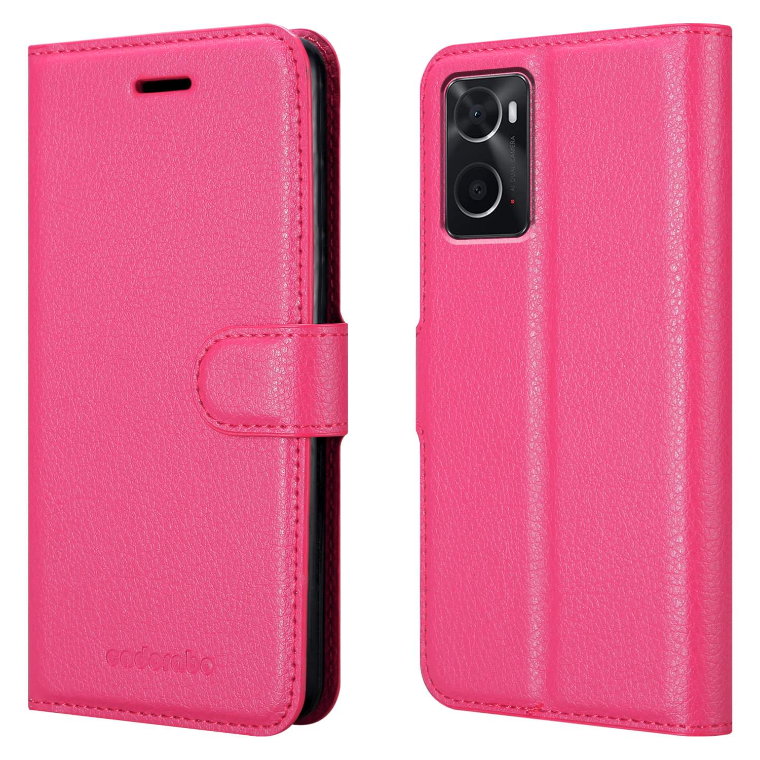 Custodia per telefono rosa, aperta con telefono all'interno. La custodia ha una chiusura magnetica e un logo.