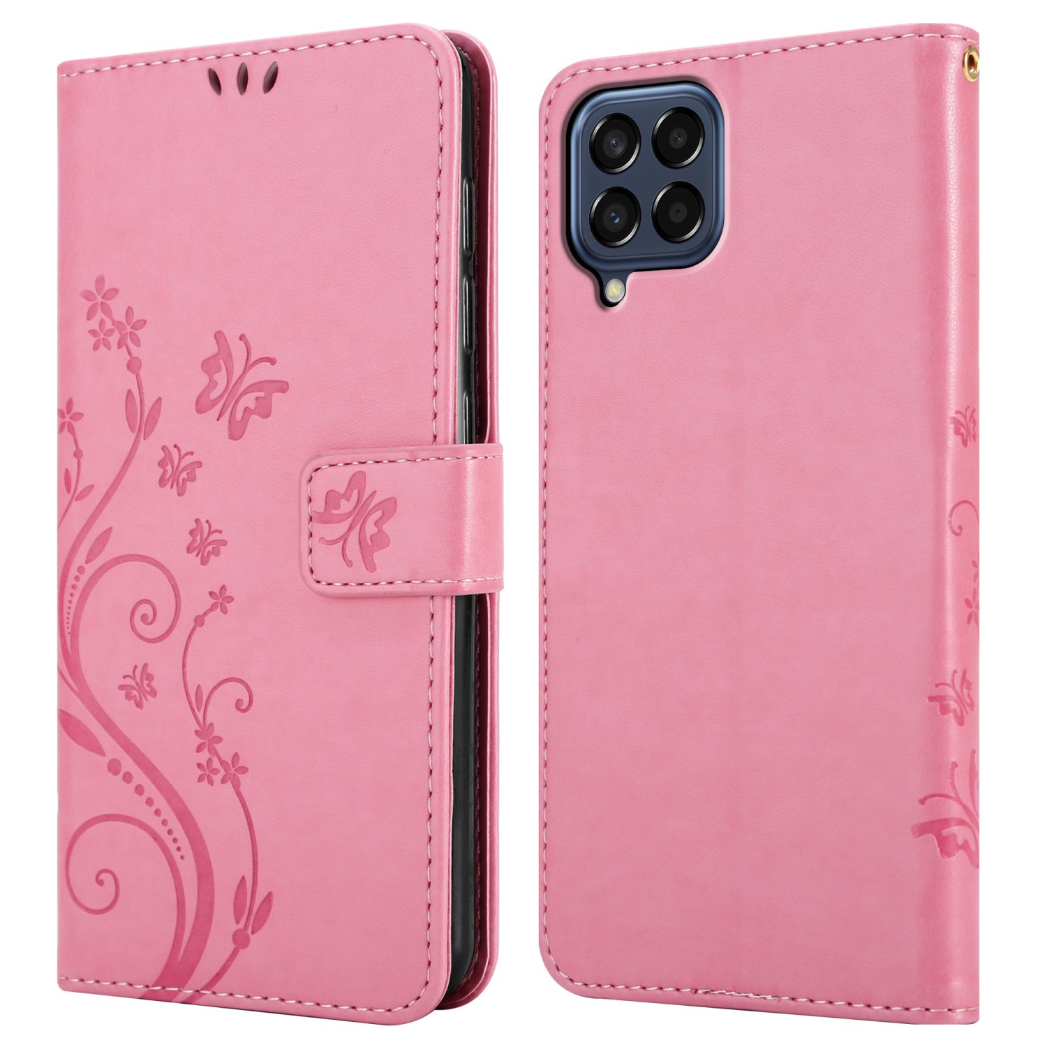 Custodia per telefono rosa con design a farfalla, aperta e chiusa. Lo sfondo è bianco.