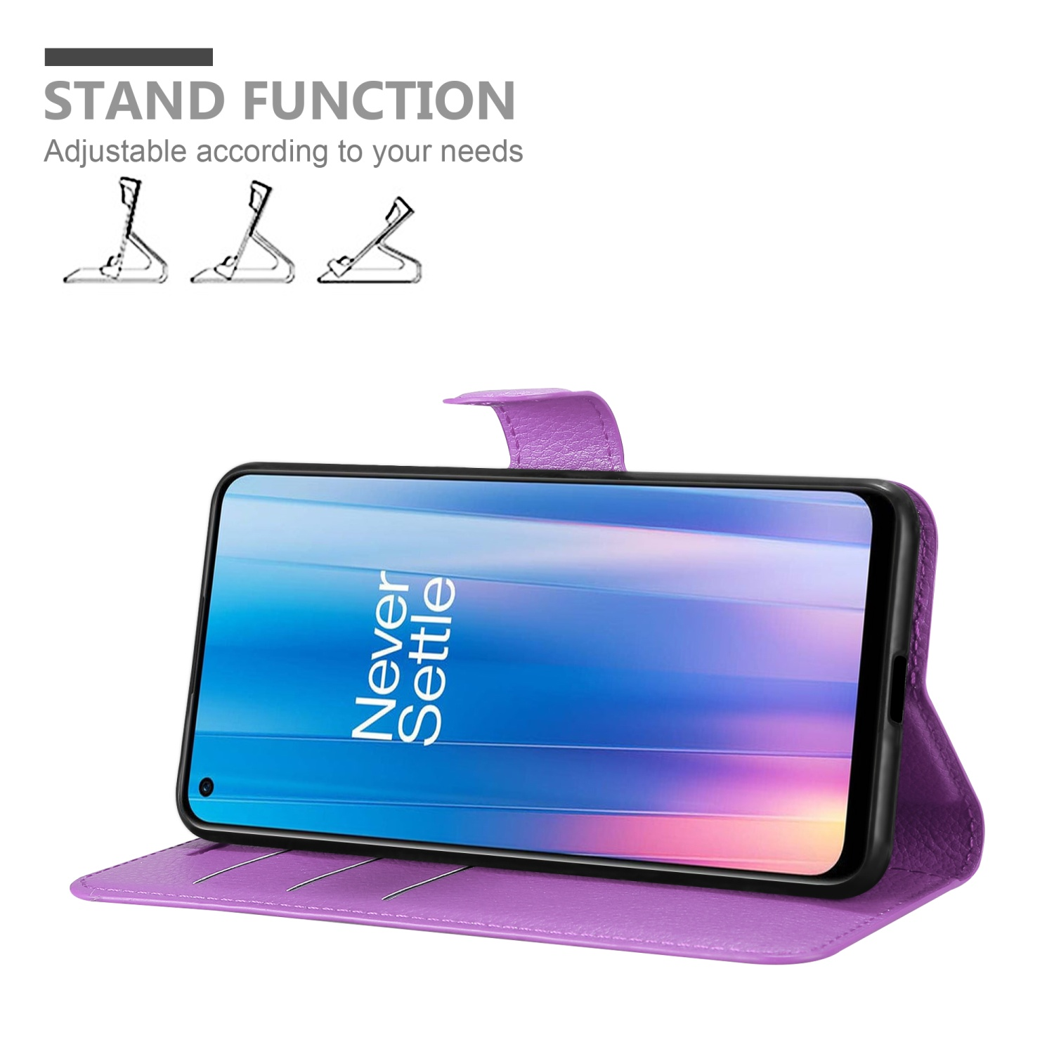 Custodia viola per telefono in modalità stand con telefono. Funzione stand, telefono con testo visibile.