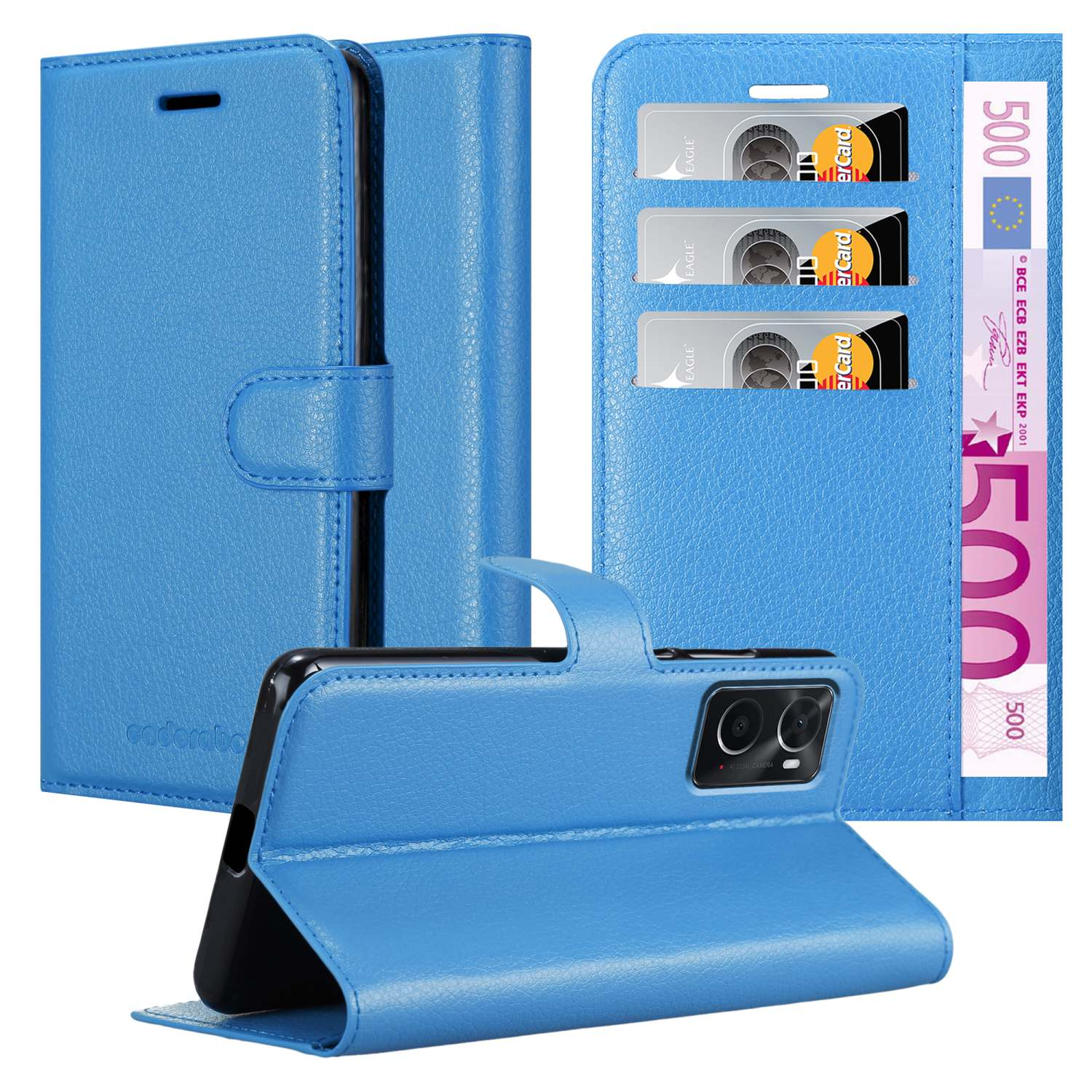 Custodia blu con slot per carte e banconota da 500 euro. Il telefono è dentro.