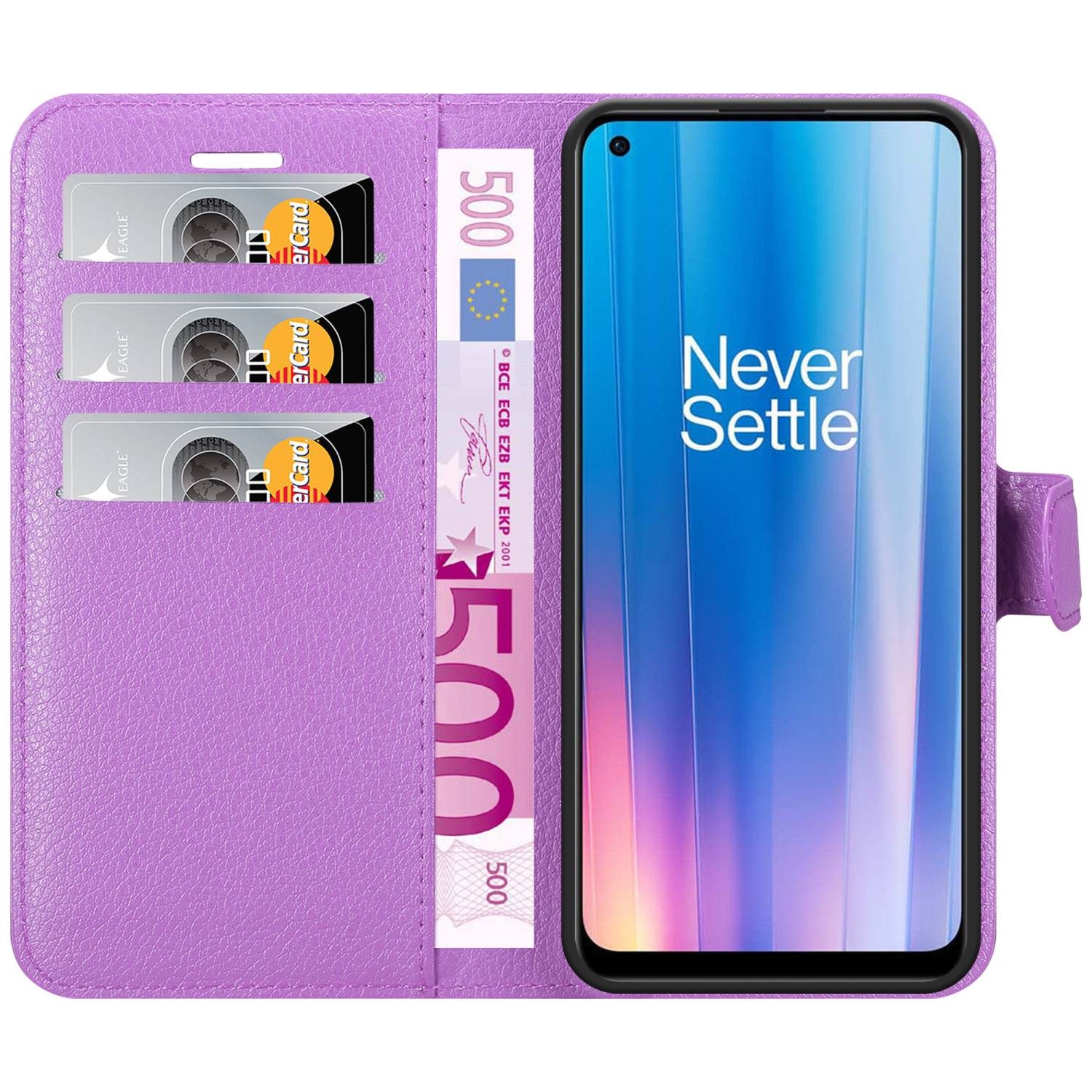 Custodia viola con telefono e carte di credito. Banconota da 500 euro visibile.