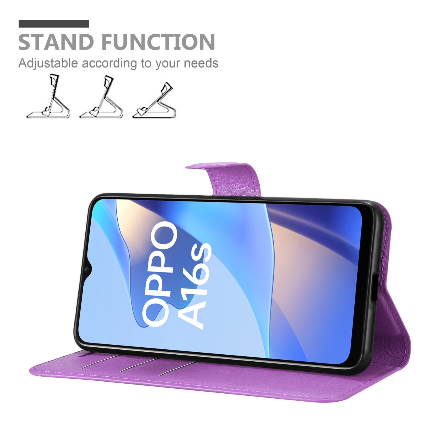 Custodia viola impostata come supporto. Il telefono mostra le parole 'OPPO A16s' sullo schermo.