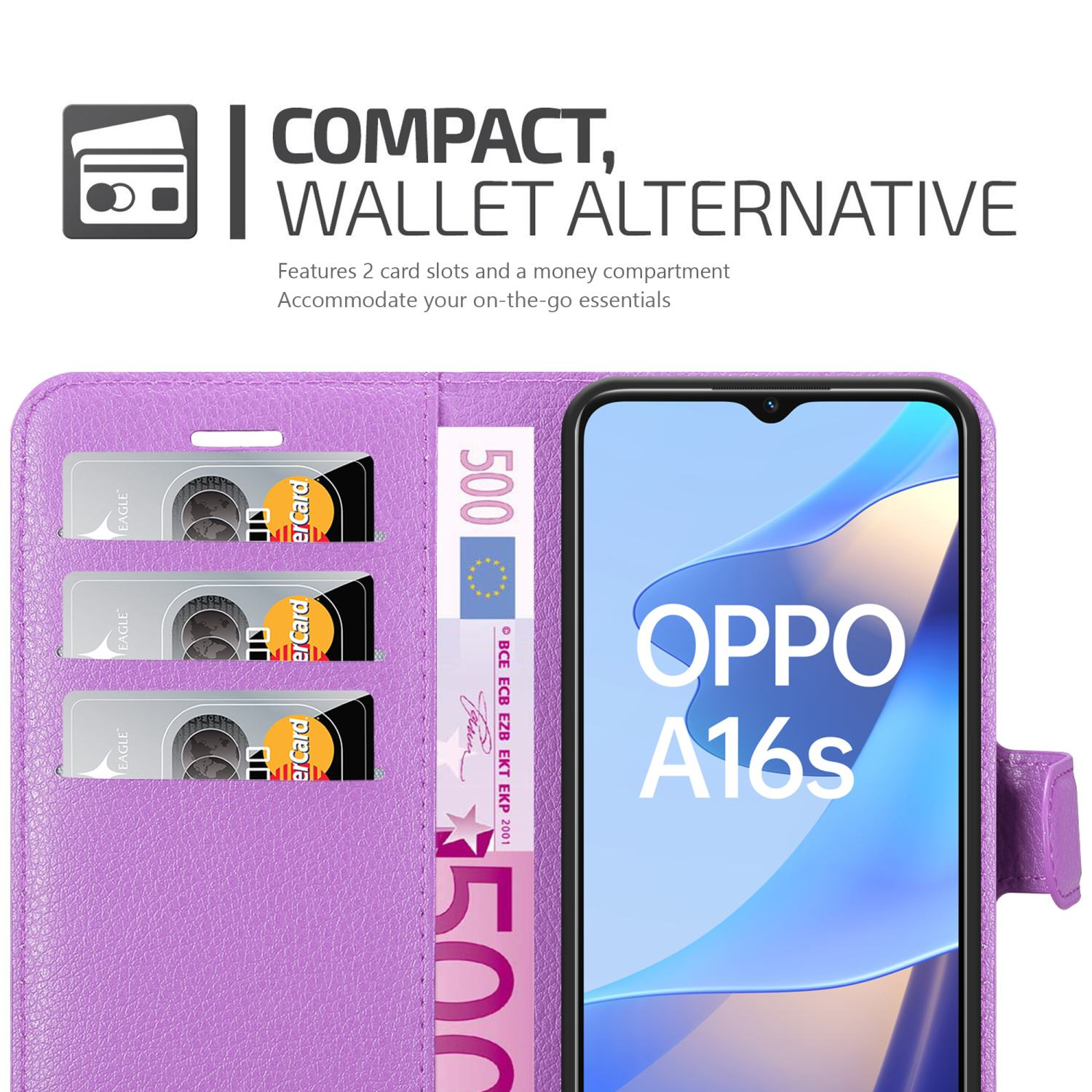 Custodia per telefono viola con slot per carte e scomparto per contanti, che tiene un telefono con il logo OPPO A16s.