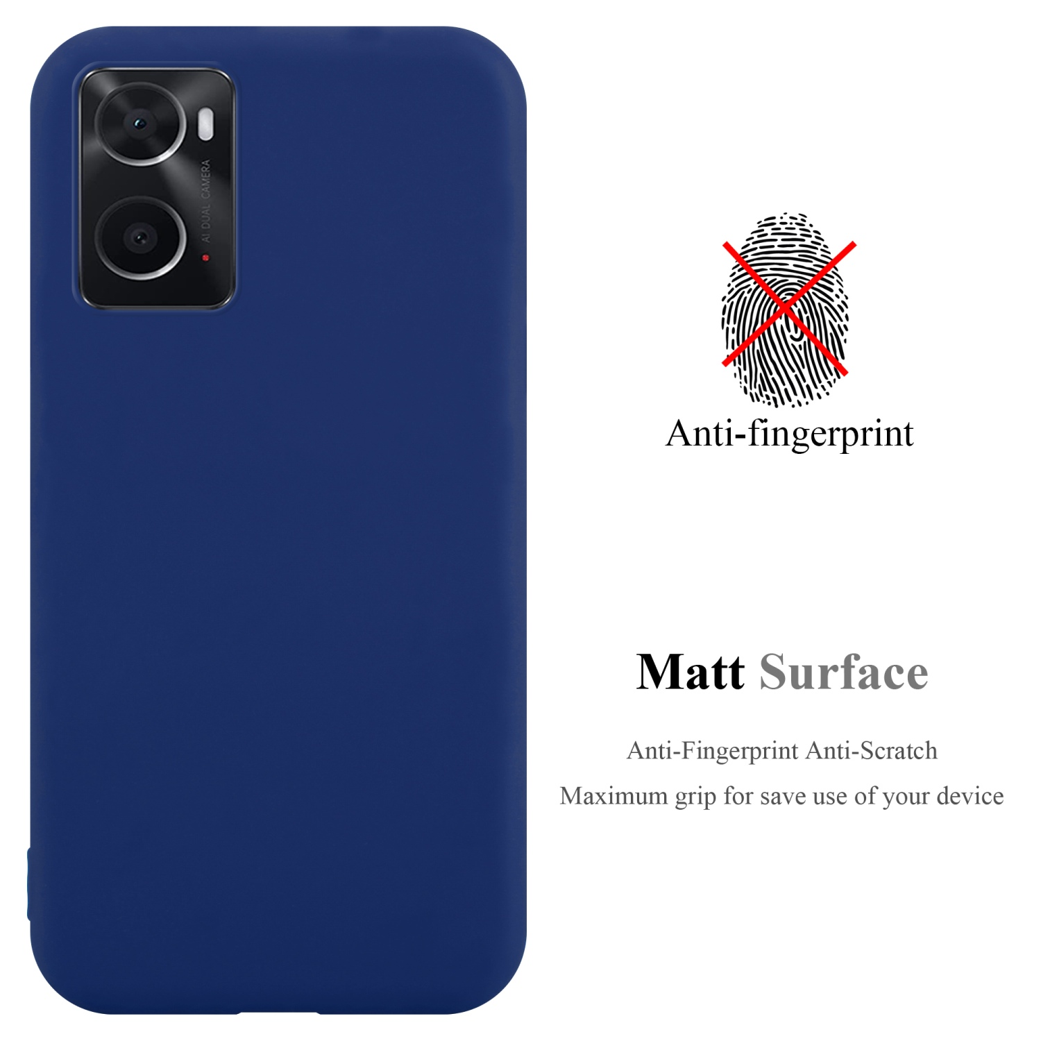 Dunkelblaue Handyhülle mit Kameramodul und Text. Anti-Fingerabdruck-Funktion wird erwähnt.