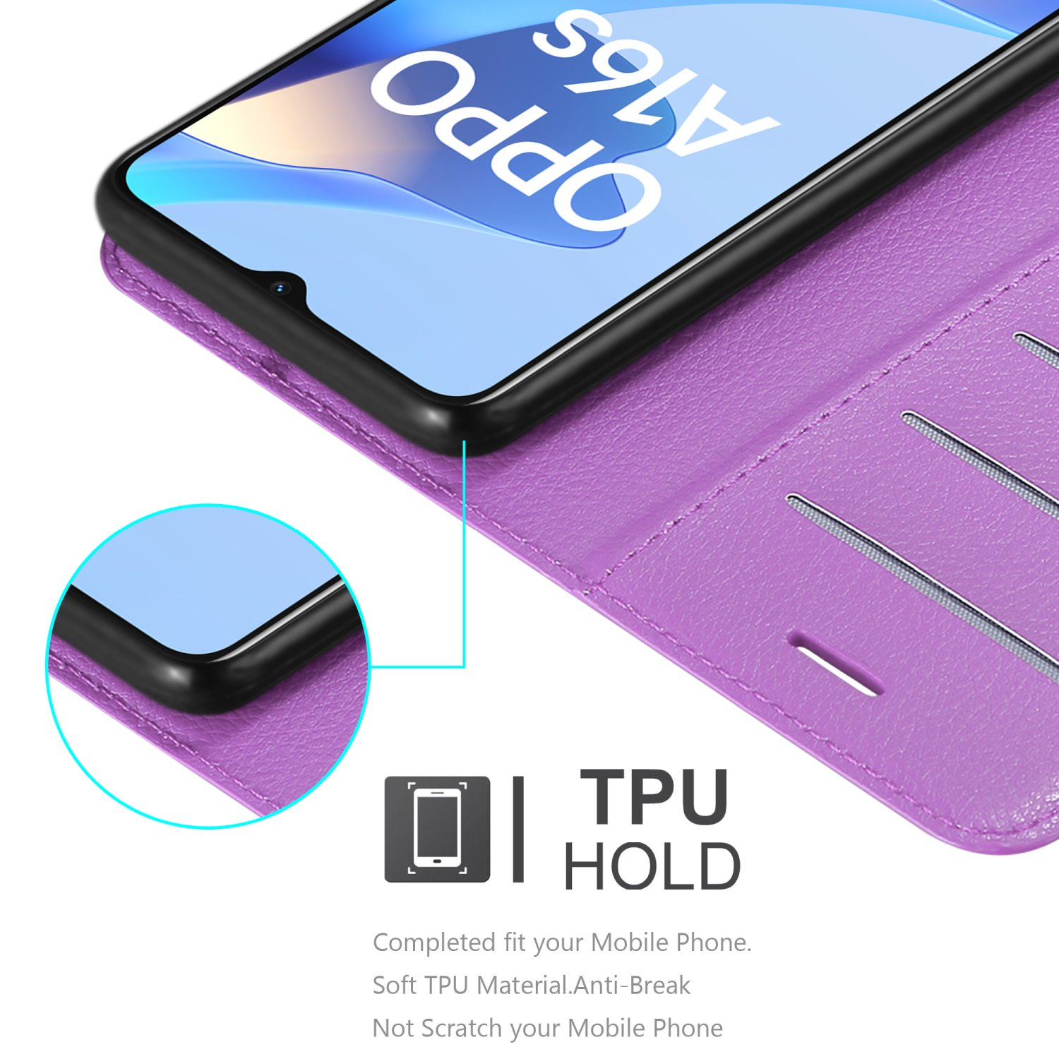 Custodia viola aperta con telefono. Lo schermo mostra il logo.