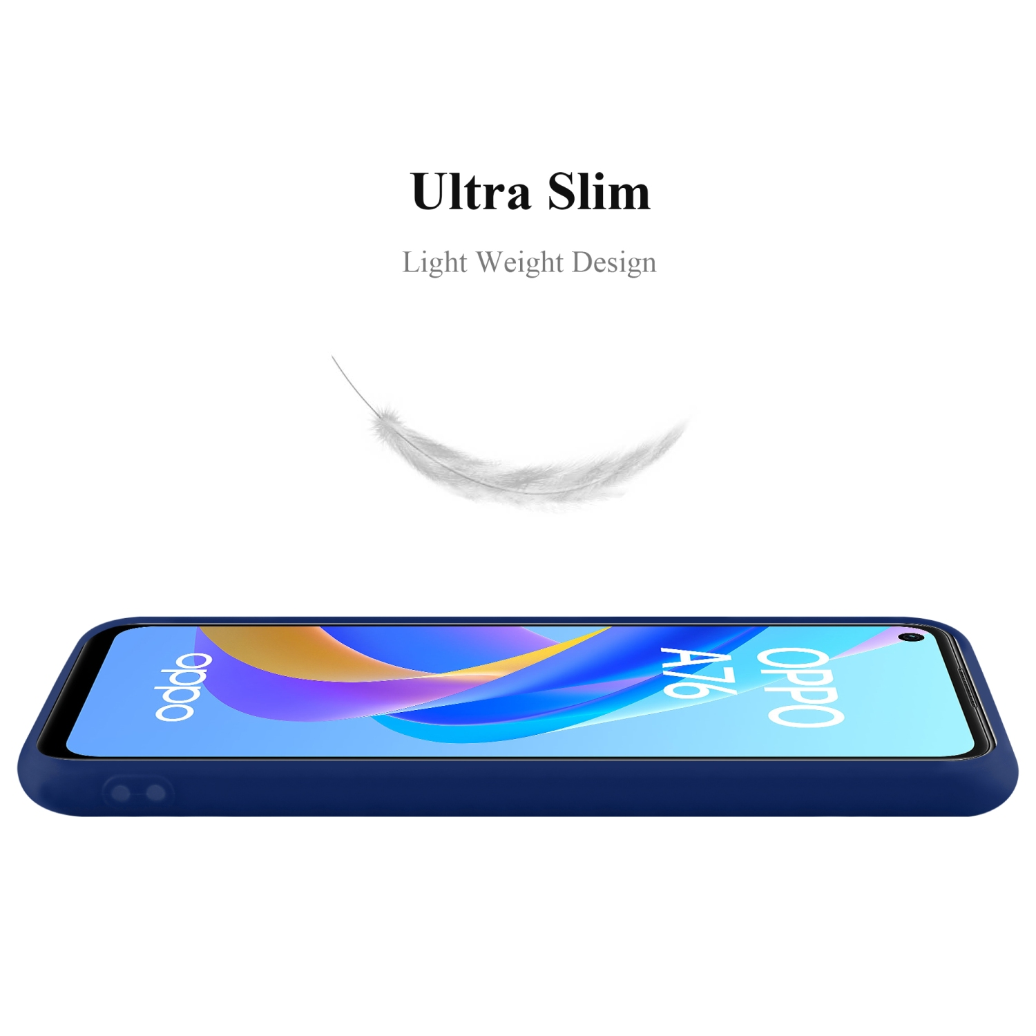 Blaue Handyhülle auf weißer Oberfläche. Text: Ultra Slim, Light Weight Design. Eine Feder schwebt über dem Telefon.