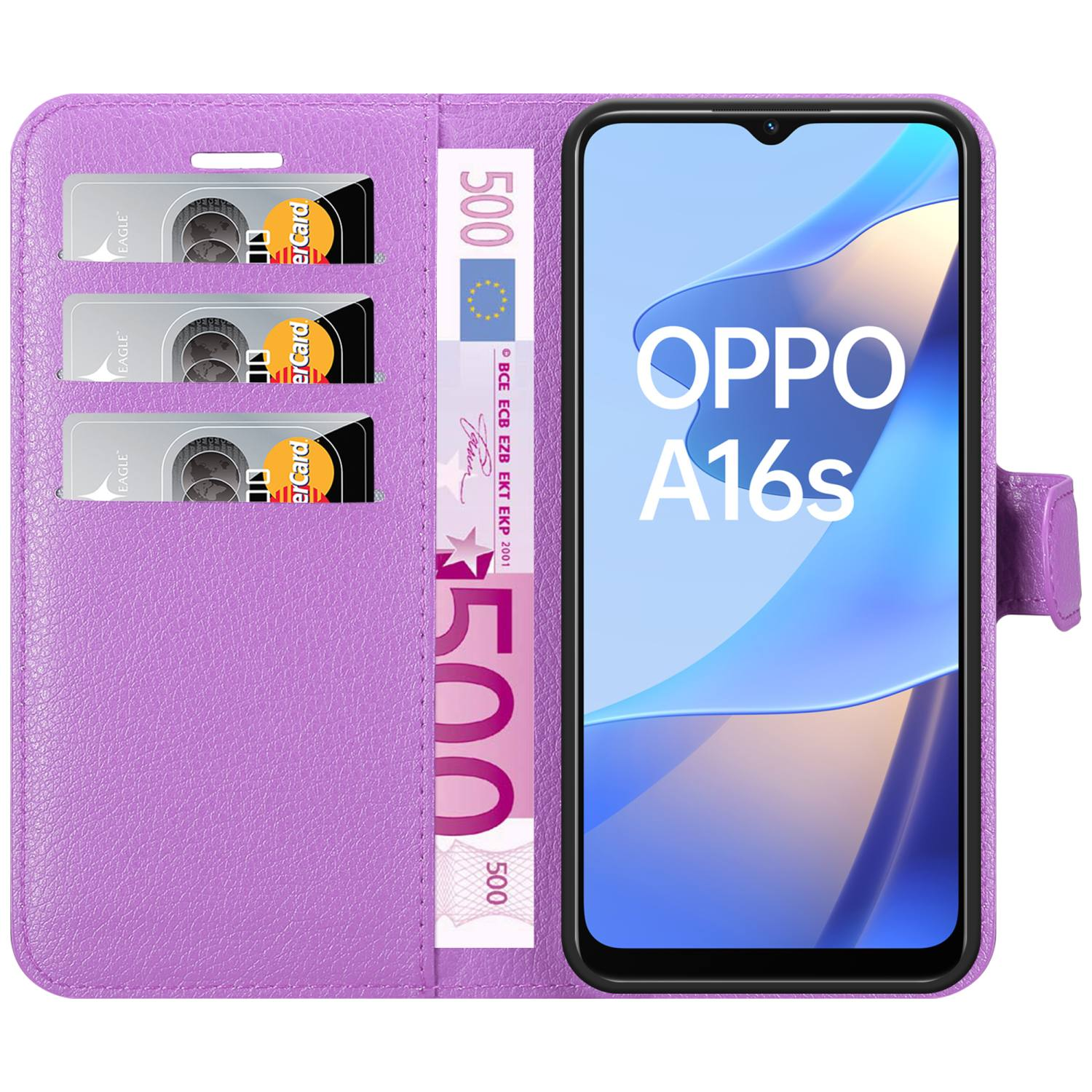 Custodia viola con telefono, carte di credito e denaro all'interno. OPPO A16s visualizzato sullo schermo.