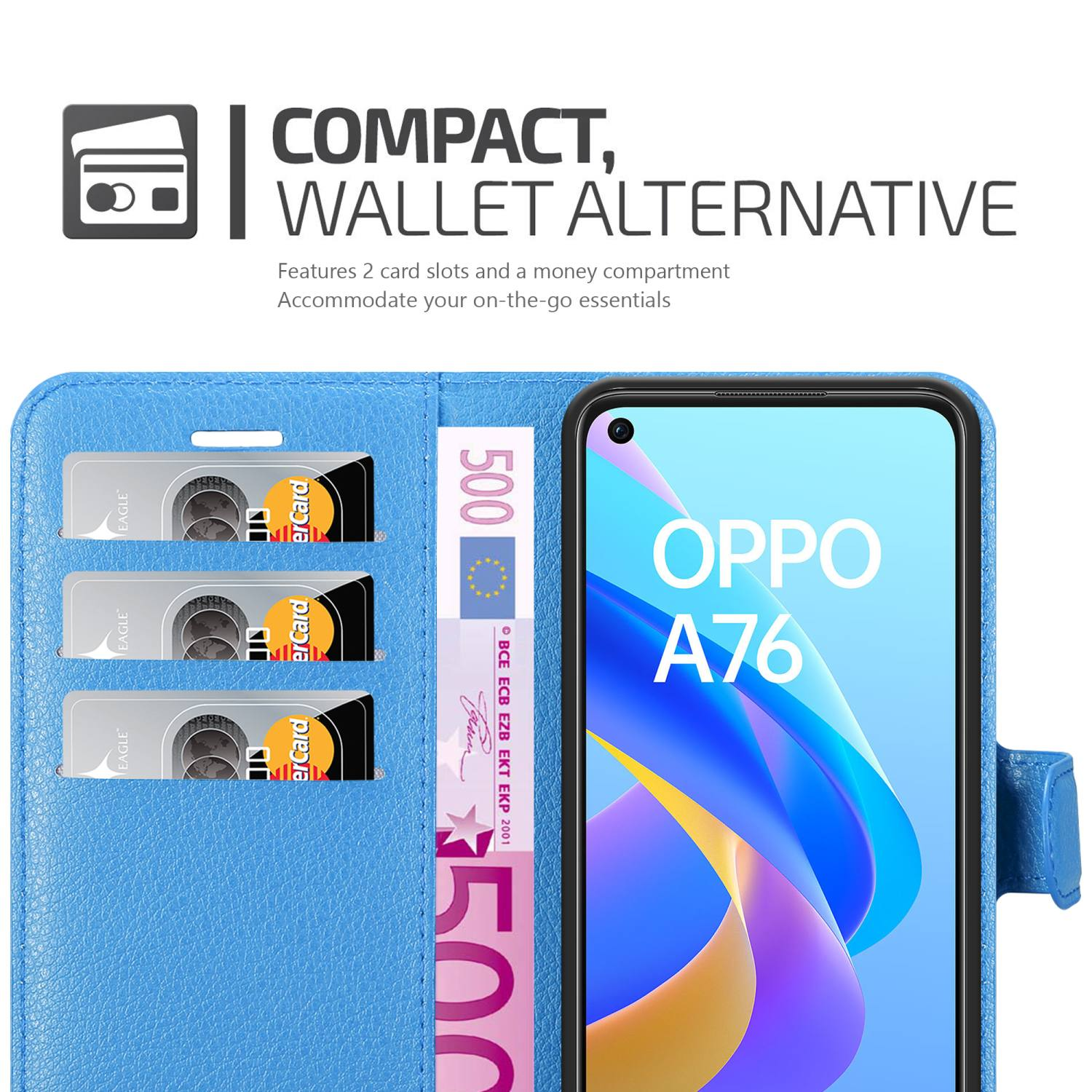 Custodia blu per telefono con slot per schede, denaro e schermo.